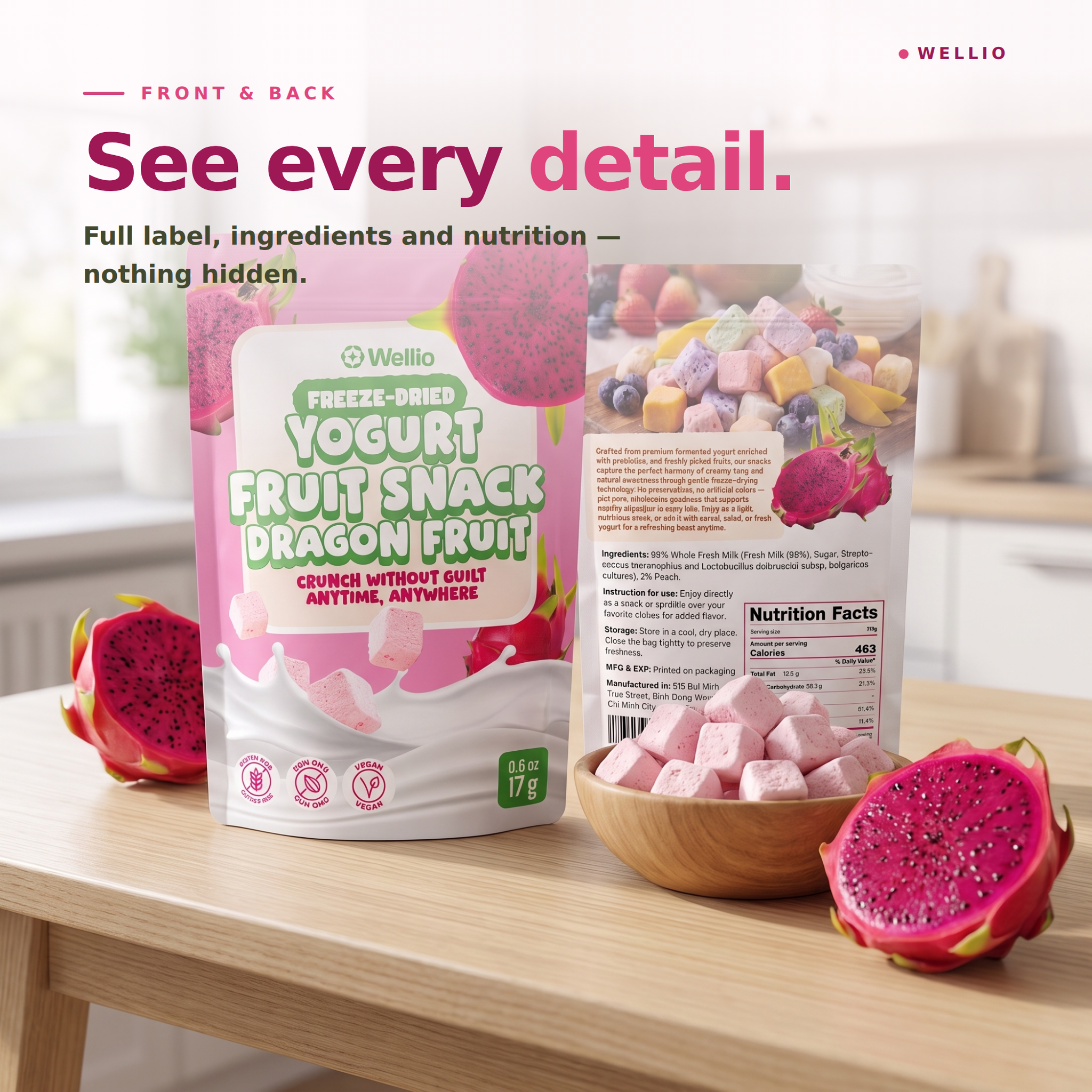 Wellio Freeze-Dried Dragon Fruit Yogurt Bites