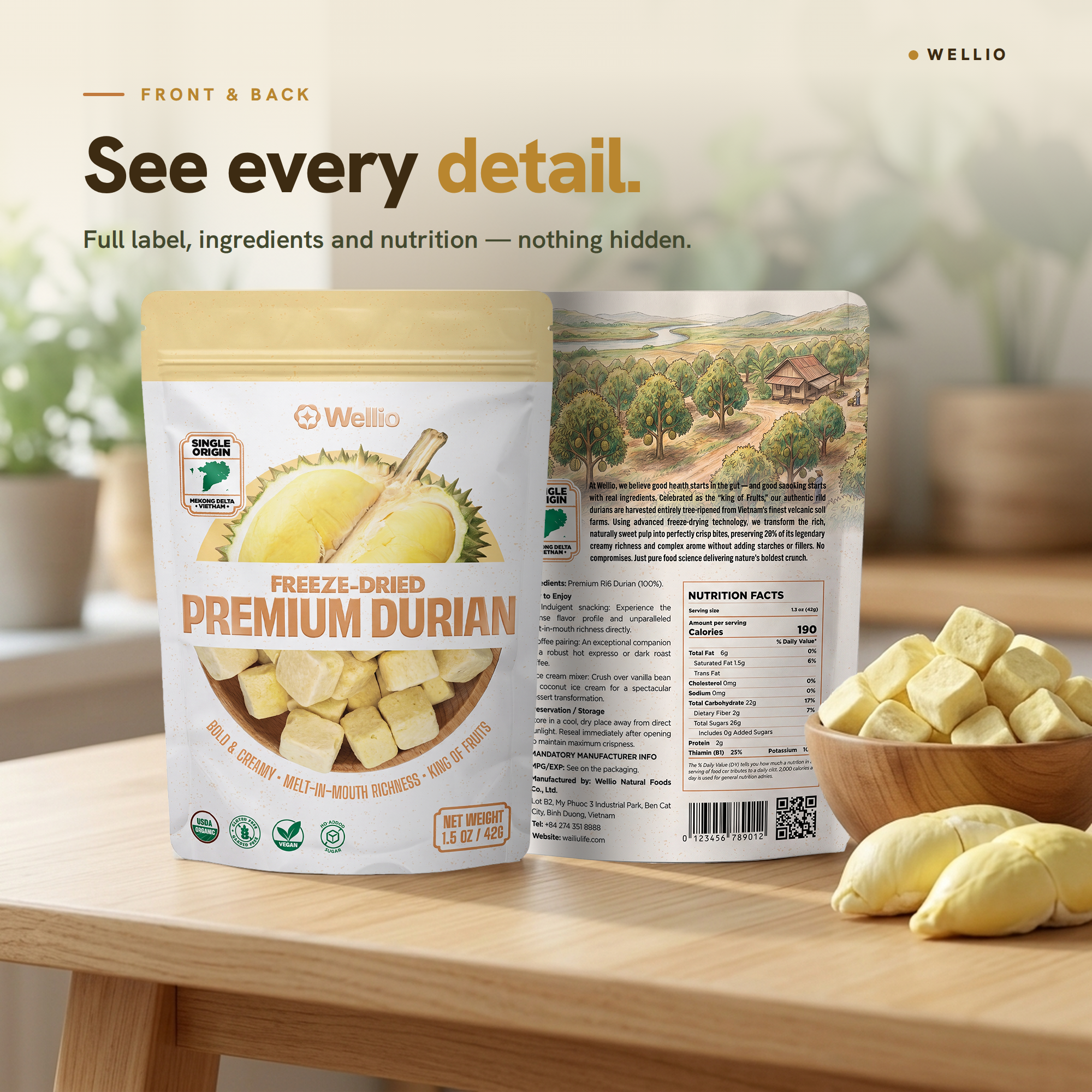 USDA Organic Freeze-Dried Premium Ri6 Durian Fruit Snacks - 100% Real Single-Origin Vietnamese Durian, No Added Sugar, No Oil, Gluten-Free & Vegan, 1.5 oz (42g)