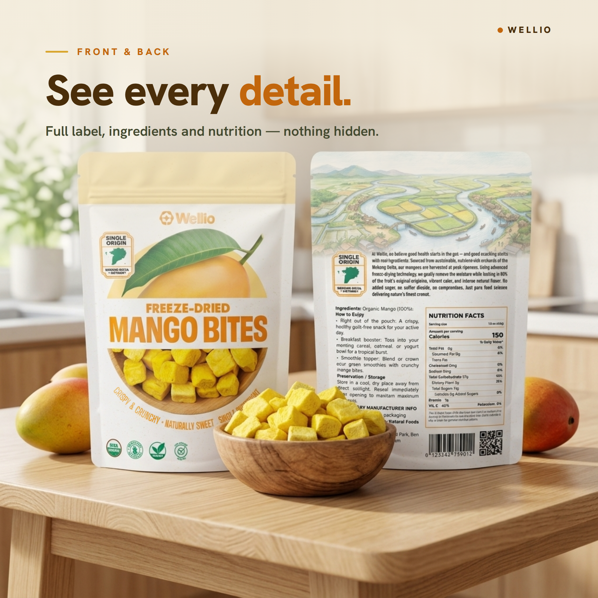 Organic Freeze-Dried Mango Bites – USDA Organic Certified Healthy Fruit Snacks, 100% Real Mango Cubes with No Added Sugar, Non-GMO, Gluten-Free, Vegan, Single Origin (1.5 oz / 42g)