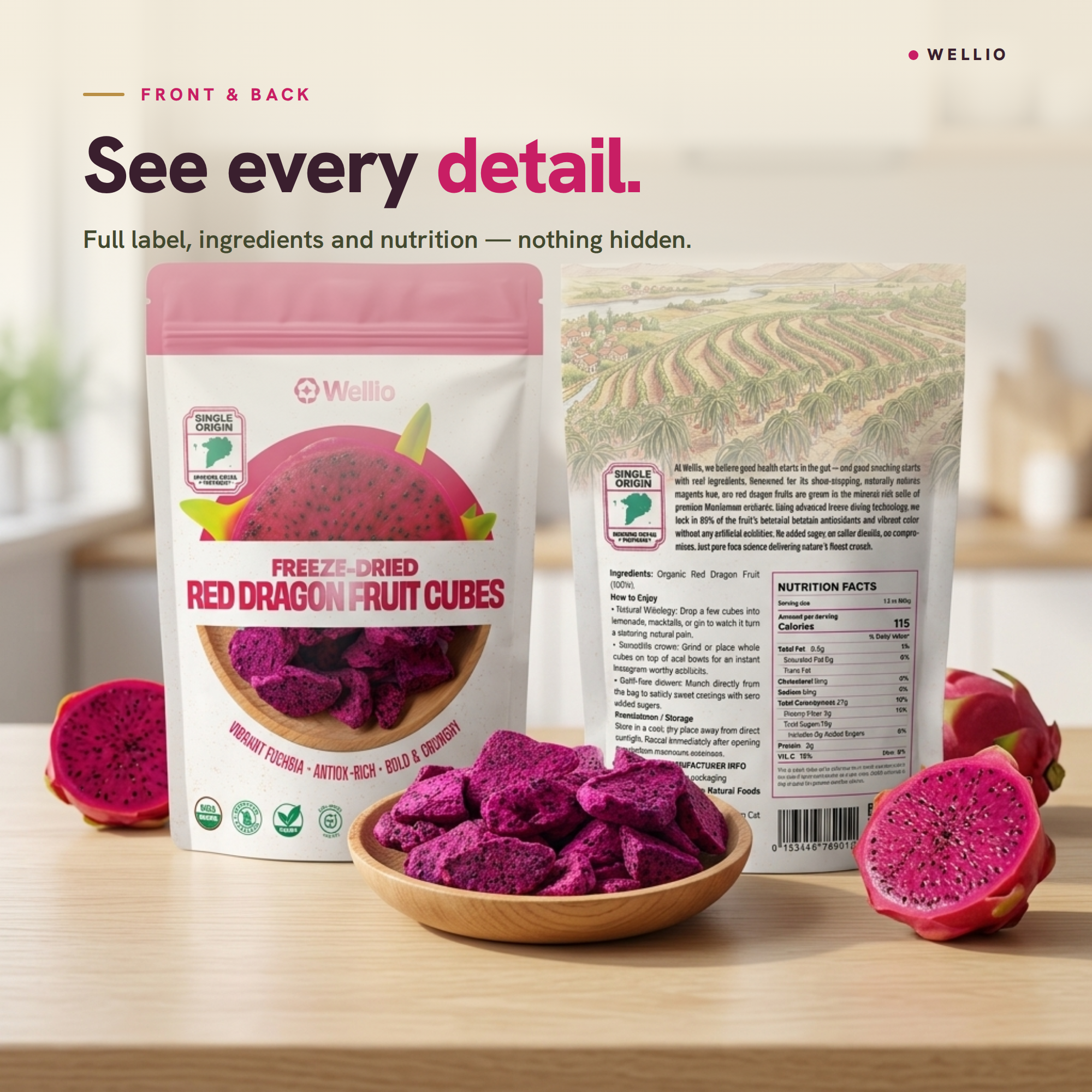 USDA Organic Freeze-Dried Red Dragon Fruit Cubes – 100% Real Fruit Snacks, Zero Added Sugar, Non-GMO, Gluten-Free, Vegan, Rich in Antioxidants – Single Origin Mekong Delta (1.5 oz / 42g)