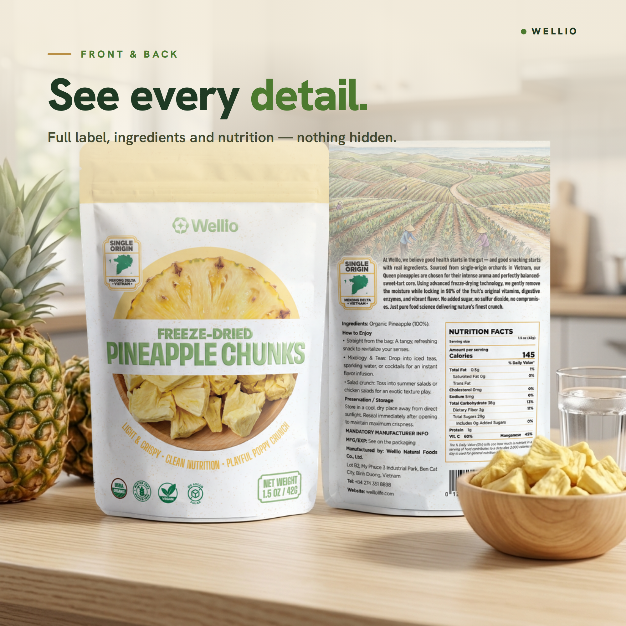 USDA Organic Freeze-Dried Pineapple Chunks – 100% Real Fruit Snacks, Zero Added Sugar, Light & Crispy Clean Nutrition (1.5 oz / 42g)