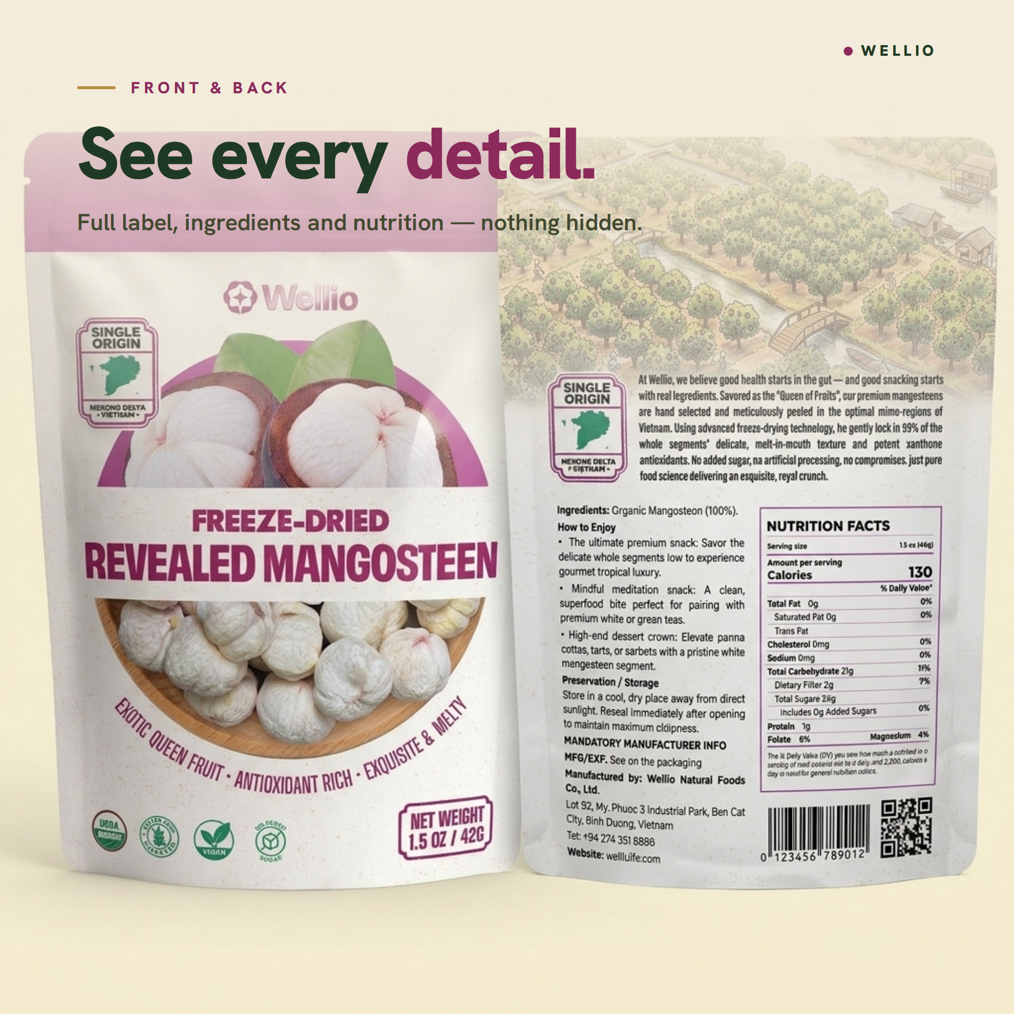 Organic Freeze-Dried Mangosteen (1.5 oz / 42g) – 100% Pure Whole Fruit Snacks, USDA Certified Organic, No Added Sugar, Rich in Xanthone Antioxidants, Mekong Delta Single Origin