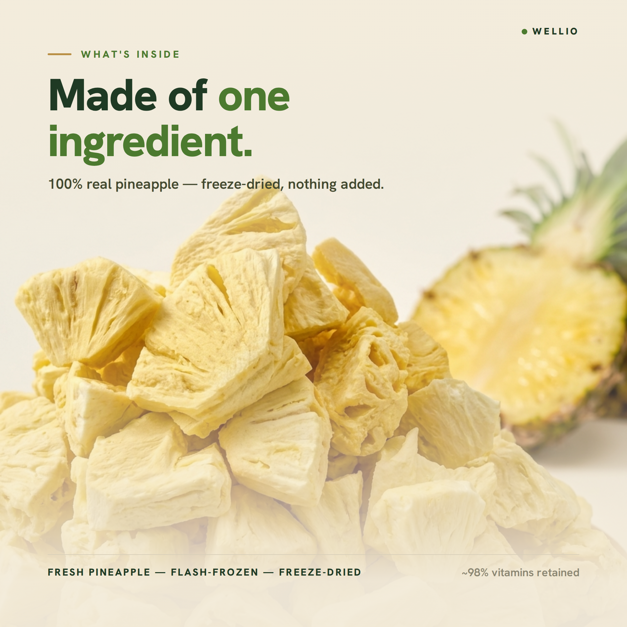 USDA Organic Freeze-Dried Pineapple Chunks – 100% Real Fruit Snacks, Zero Added Sugar, Light & Crispy Clean Nutrition (1.5 oz / 42g)