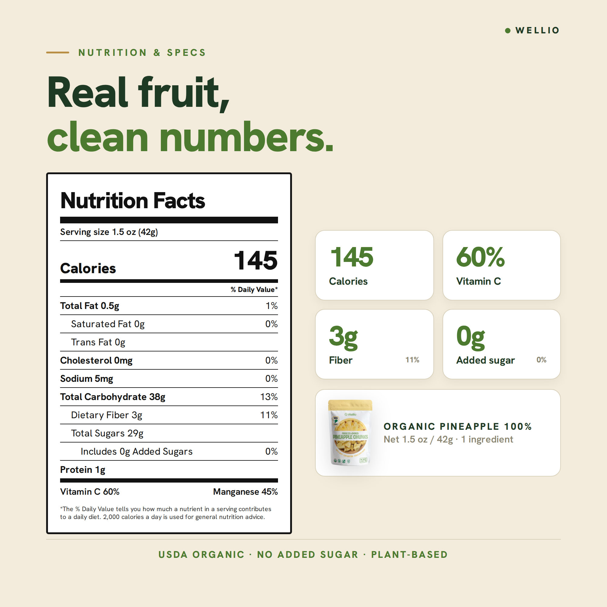 USDA Organic Freeze-Dried Pineapple Chunks – 100% Real Fruit Snacks, Zero Added Sugar, Light & Crispy Clean Nutrition (1.5 oz / 42g)