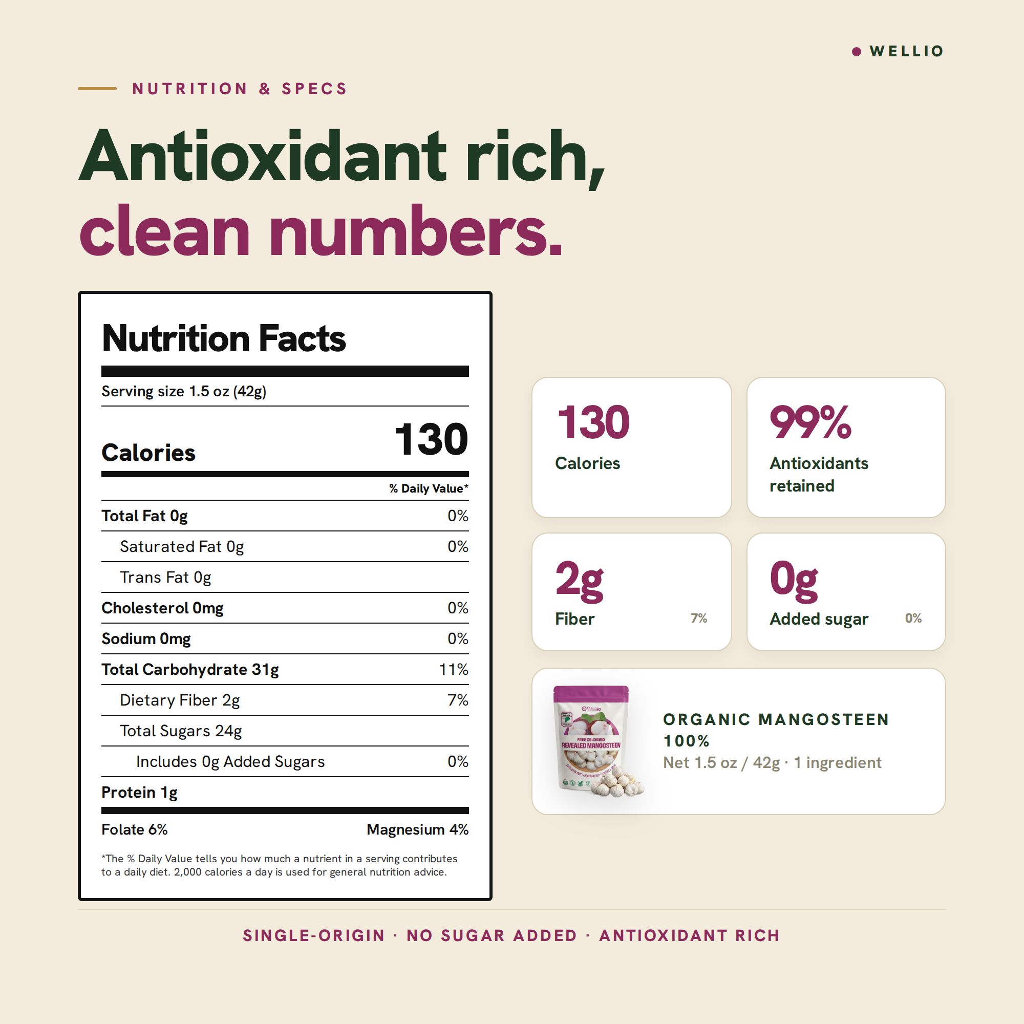 Organic Freeze-Dried Mangosteen (1.5 oz / 42g) – 100% Pure Whole Fruit Snacks, USDA Certified Organic, No Added Sugar, Rich in Xanthone Antioxidants, Mekong Delta Single Origin
