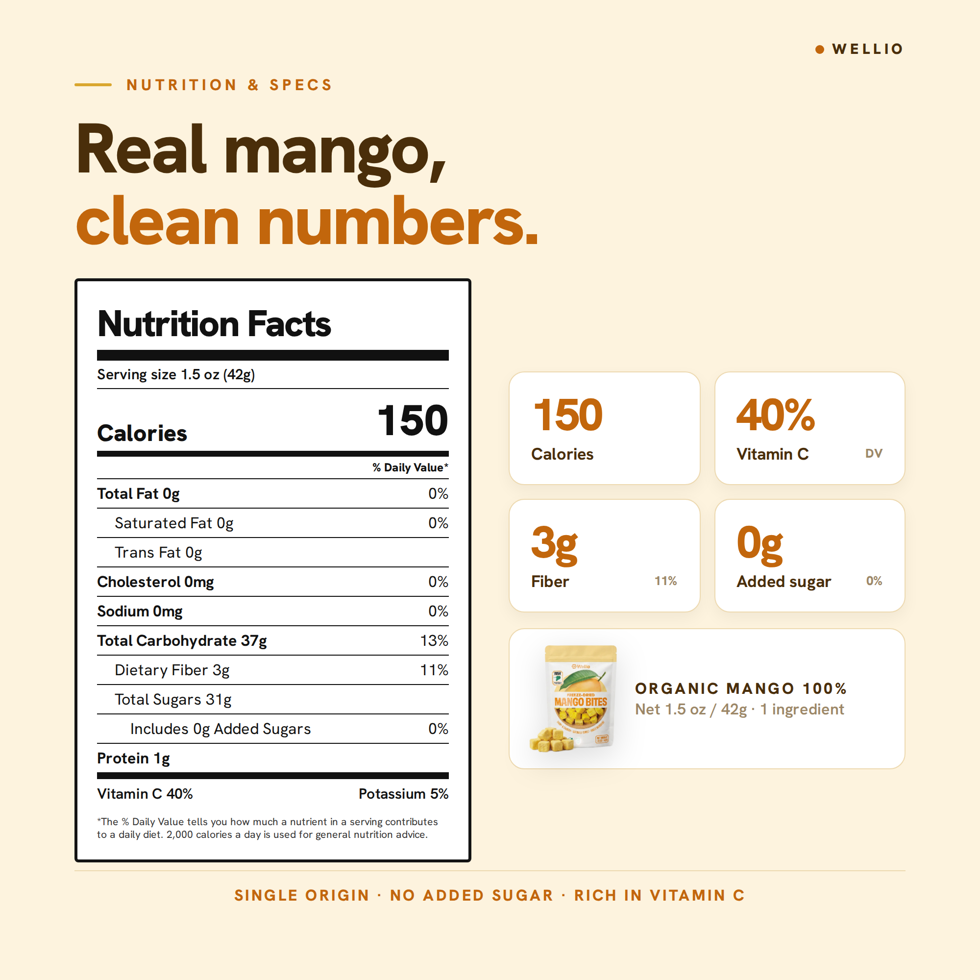 Organic Freeze-Dried Mango Bites – USDA Organic Certified Healthy Fruit Snacks, 100% Real Mango Cubes with No Added Sugar, Non-GMO, Gluten-Free, Vegan, Single Origin (1.5 oz / 42g)