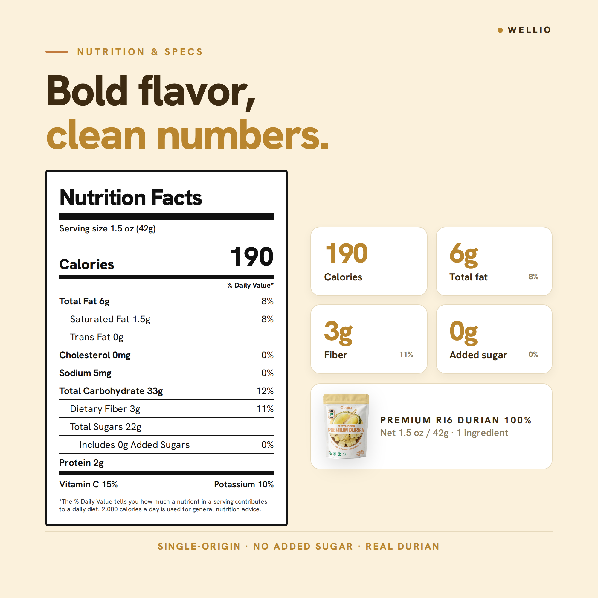 USDA Organic Freeze-Dried Premium Ri6 Durian Fruit Snacks - 100% Real Single-Origin Vietnamese Durian, No Added Sugar, No Oil, Gluten-Free & Vegan, 1.5 oz (42g)