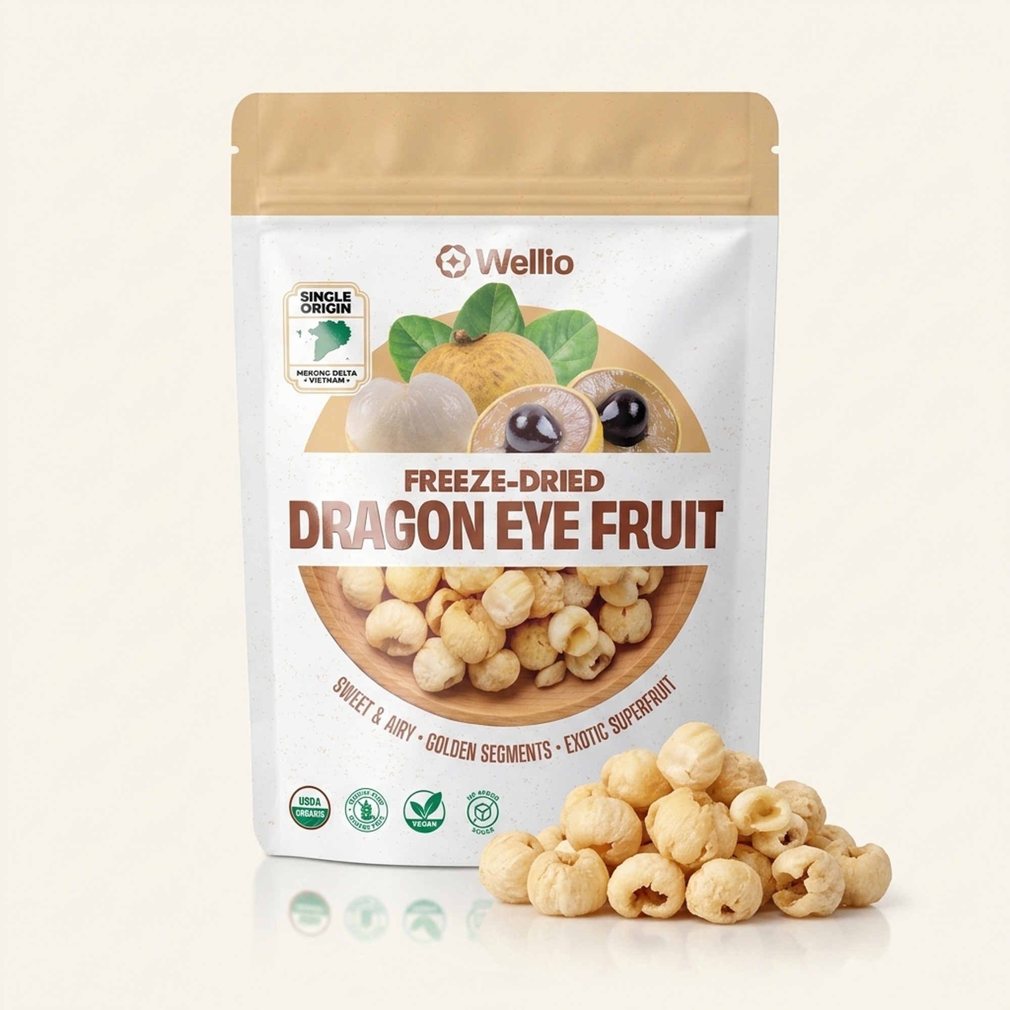 USDA Organic Freeze-Dried Longan (Dragon Eye Fruit) – 100% Natural Single-Origin Mekong Delta Crispy Fruit Snacks, No Added Sugar, Non-GMO, Sulfur-Free, 1.5 oz