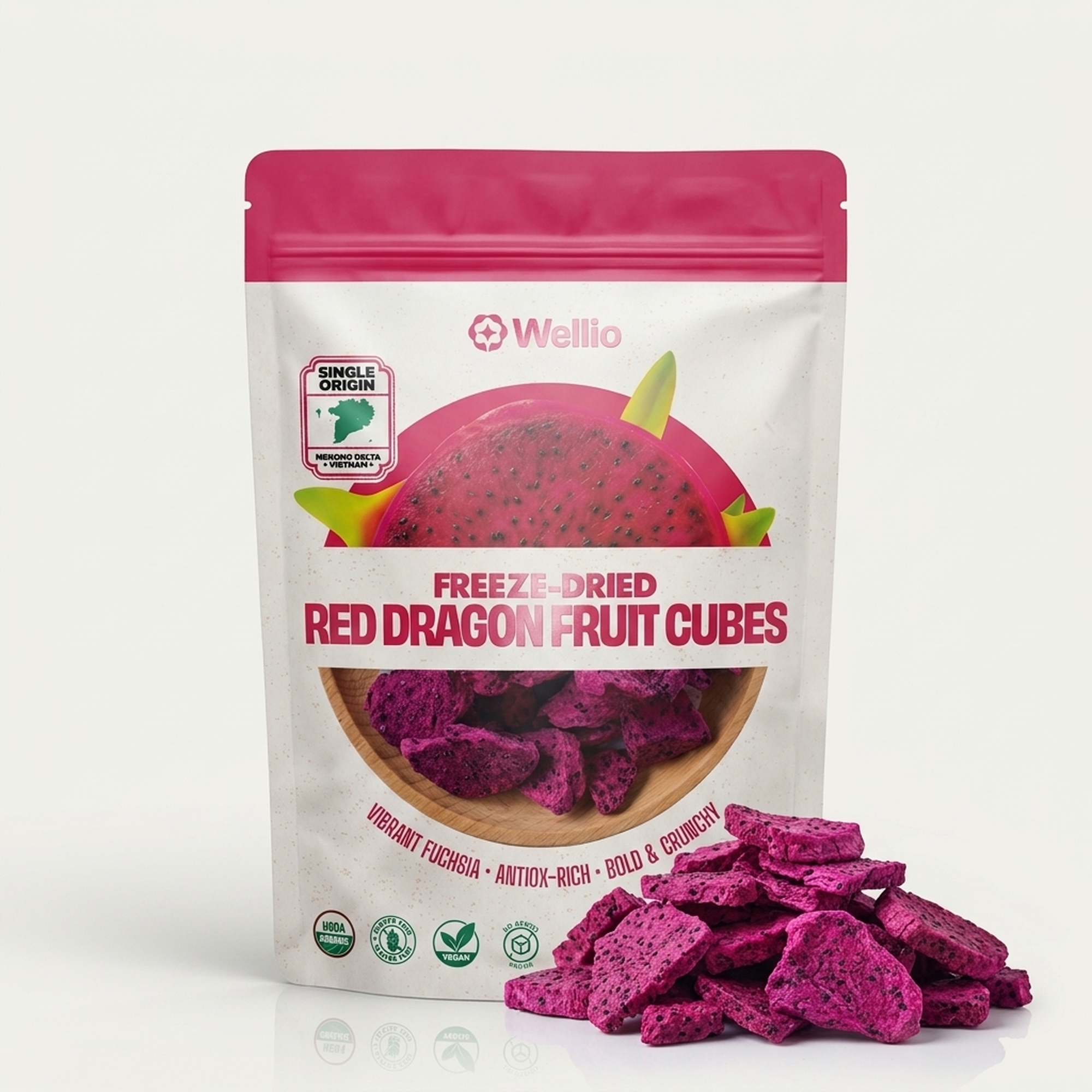 USDA Organic Freeze-Dried Red Dragon Fruit Cubes – 100% Real Fruit Snacks, Zero Added Sugar, Non-GMO, Gluten-Free, Vegan, Rich in Antioxidants – Single Origin Mekong Delta (1.5 oz / 42g)