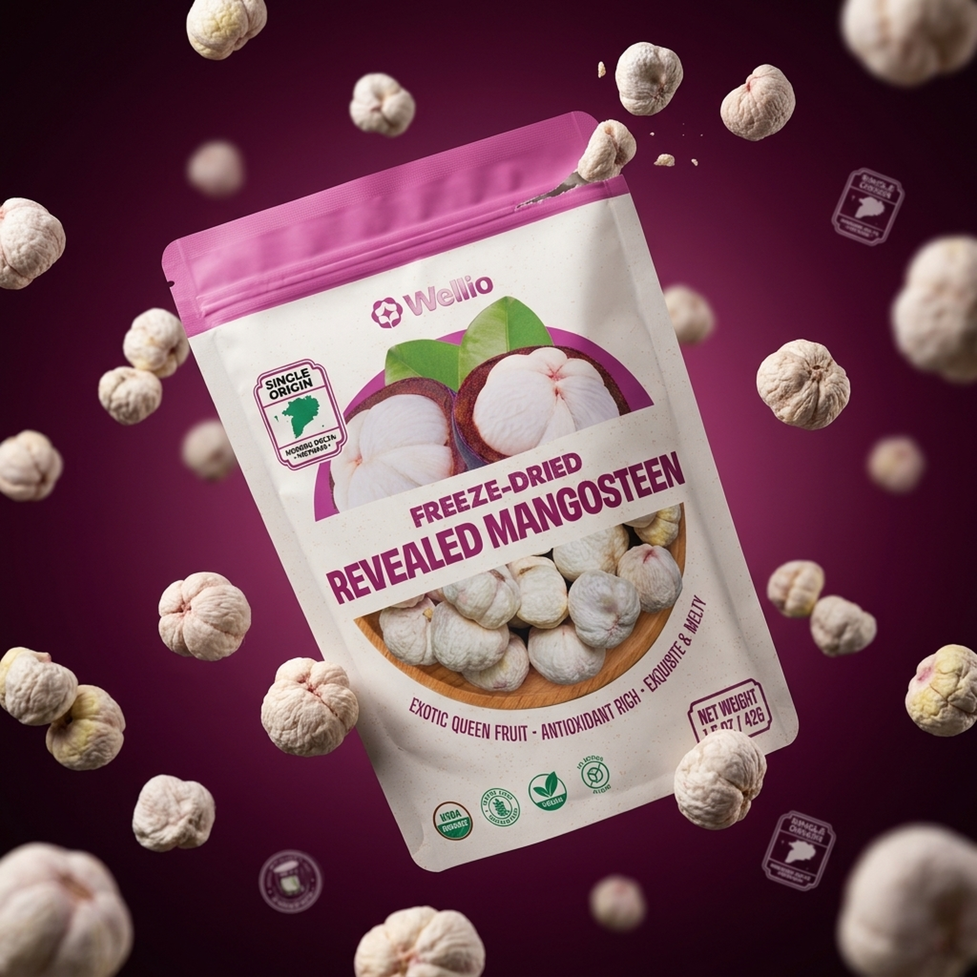 Organic Freeze-Dried Mangosteen (1.5 oz / 42g) – 100% Pure Whole Fruit Snacks, USDA Certified Organic, No Added Sugar, Rich in Xanthone Antioxidants, Mekong Delta Single Origin