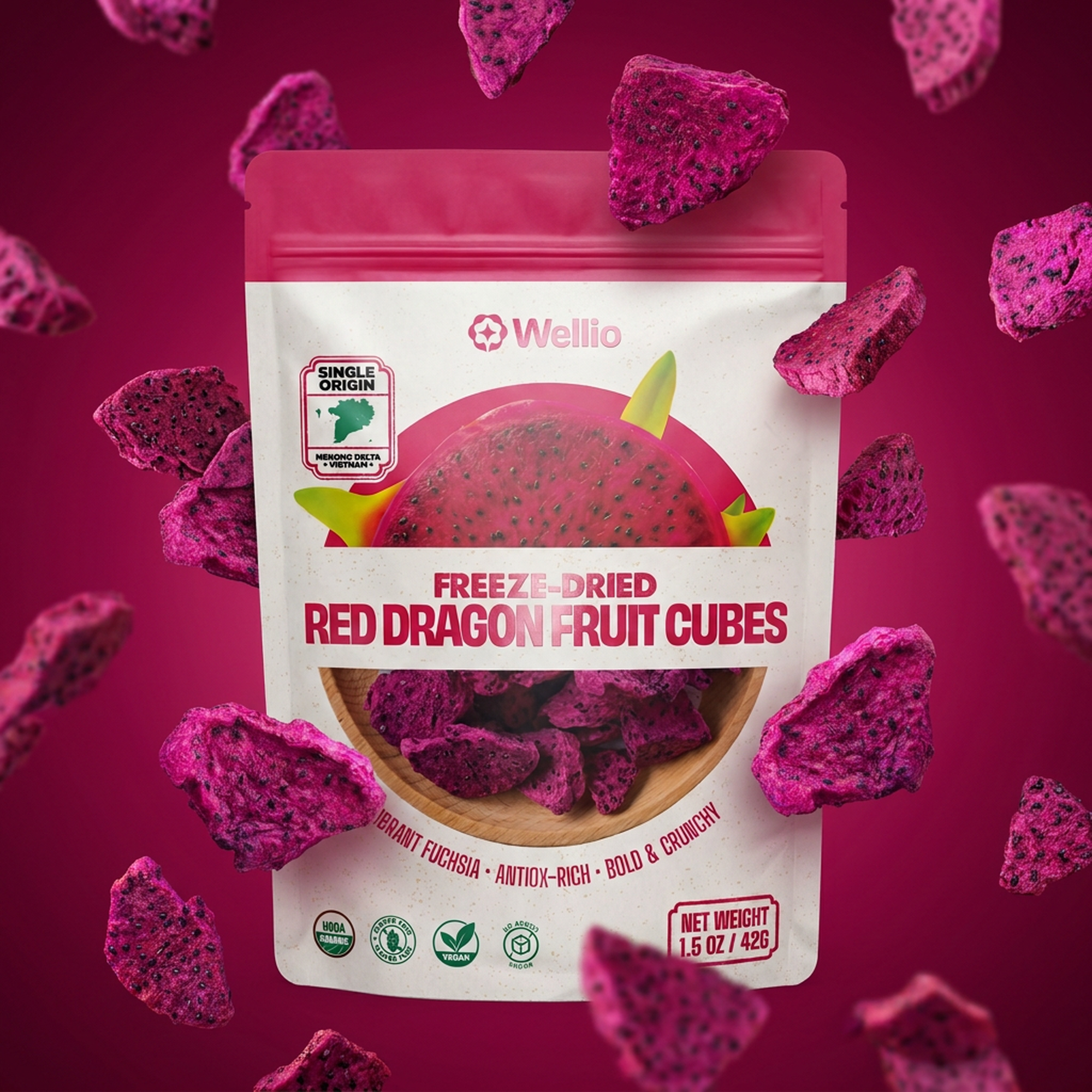 USDA Organic Freeze-Dried Red Dragon Fruit Cubes – 100% Real Fruit Snacks, Zero Added Sugar, Non-GMO, Gluten-Free, Vegan, Rich in Antioxidants – Single Origin Mekong Delta (1.5 oz / 42g)