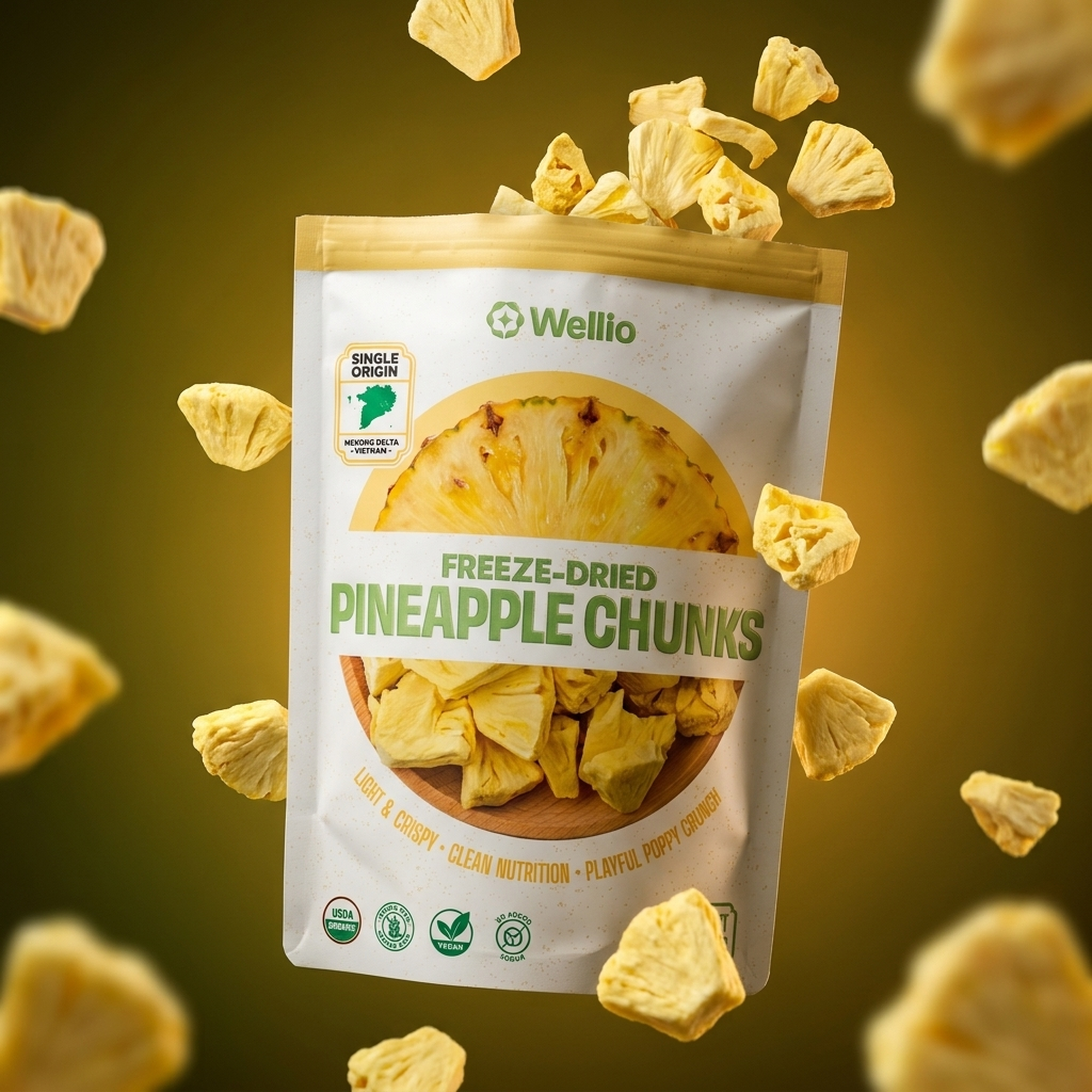 USDA Organic Freeze-Dried Pineapple Chunks – 100% Real Fruit Snacks, Zero Added Sugar, Light & Crispy Clean Nutrition (1.5 oz / 42g)