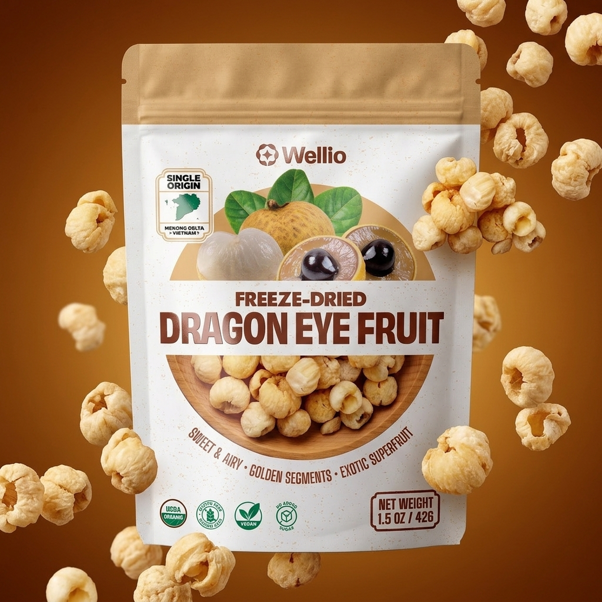 USDA Organic Freeze-Dried Longan (Dragon Eye Fruit) – 100% Natural Single-Origin Mekong Delta Crispy Fruit Snacks, No Added Sugar, Non-GMO, Sulfur-Free, 1.5 oz
