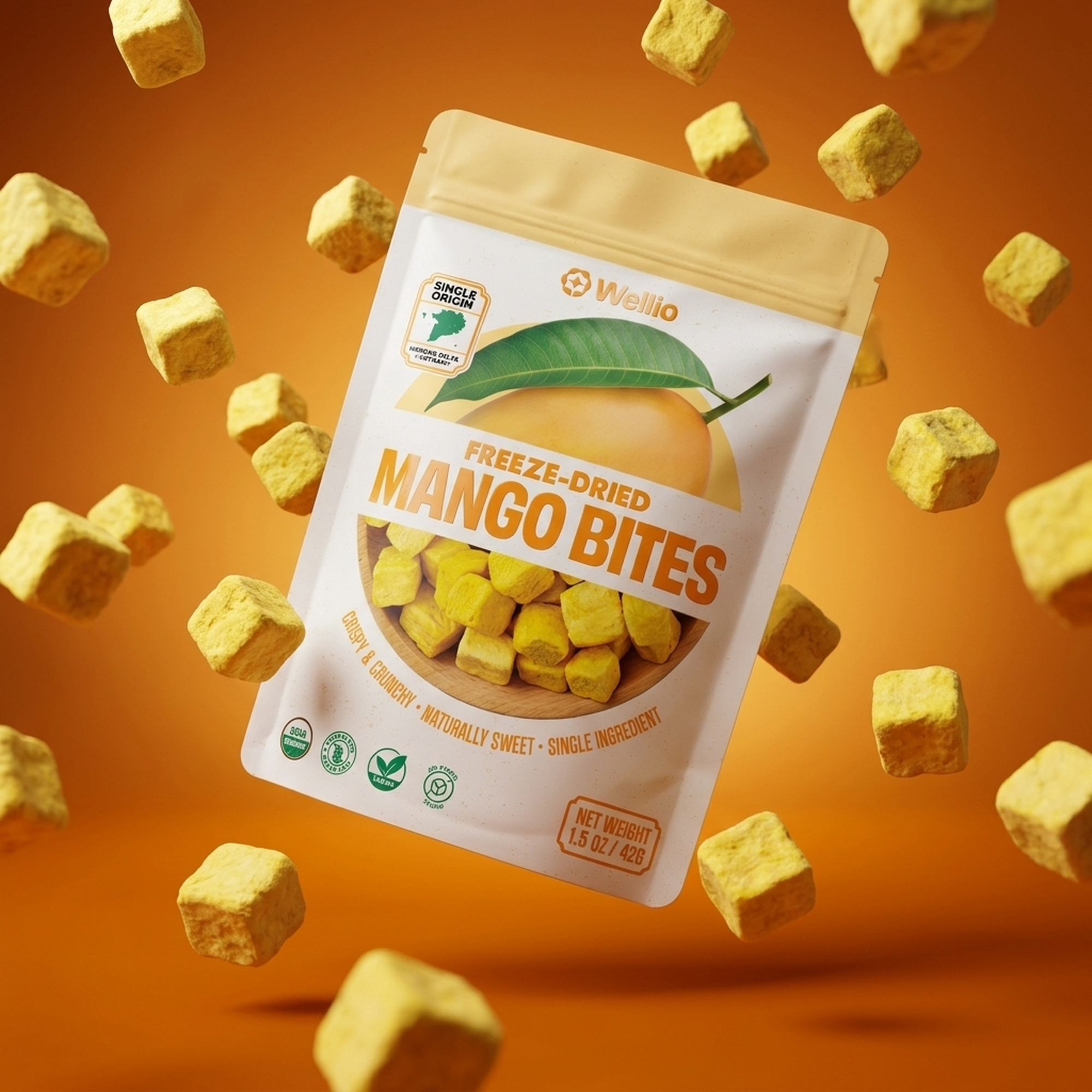 Organic Freeze-Dried Mango Bites – USDA Organic Certified Healthy Fruit Snacks, 100% Real Mango Cubes with No Added Sugar, Non-GMO, Gluten-Free, Vegan, Single Origin (1.5 oz / 42g)