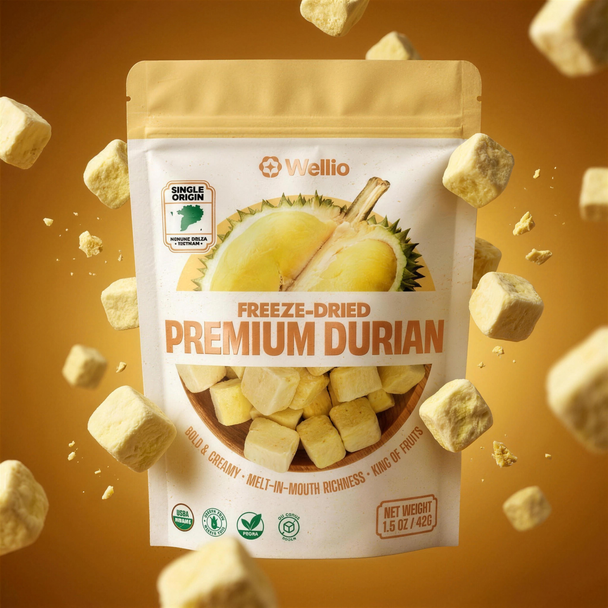 USDA Organic Freeze-Dried Premium Ri6 Durian Fruit Snacks - 100% Real Single-Origin Vietnamese Durian, No Added Sugar, No Oil, Gluten-Free & Vegan, 1.5 oz (42g)