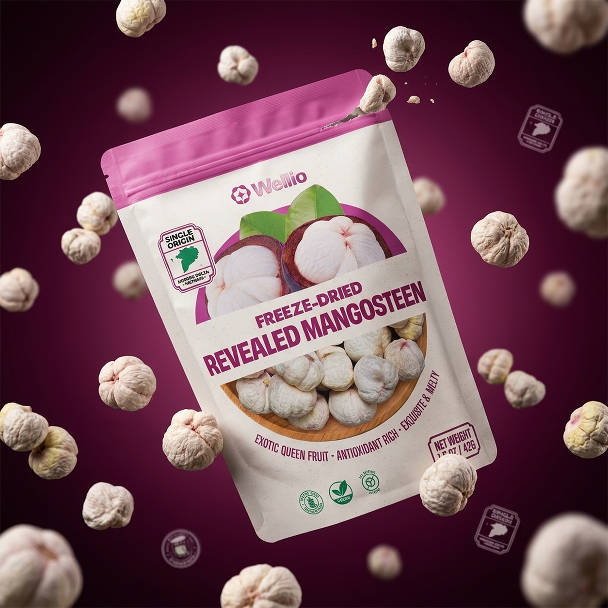 Organic Freeze-Dried Mangosteen (1.5 oz / 42g) – 100% Pure Whole Fruit Snacks, No Added Sugar, Rich in Xanthone Antioxidants, Mekong Delta Single Origin