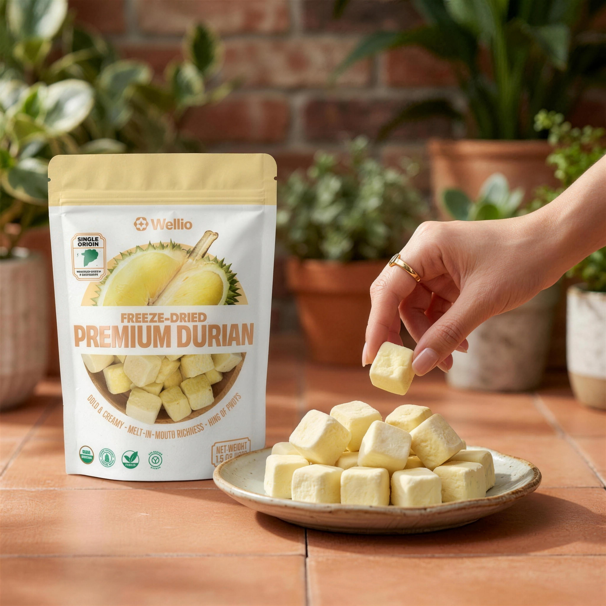 USDA Organic Freeze-Dried Premium Ri6 Durian Fruit Snacks - 100% Real Single-Origin Vietnamese Durian, No Added Sugar, No Oil, Gluten-Free & Vegan, 1.5 oz (42g)
