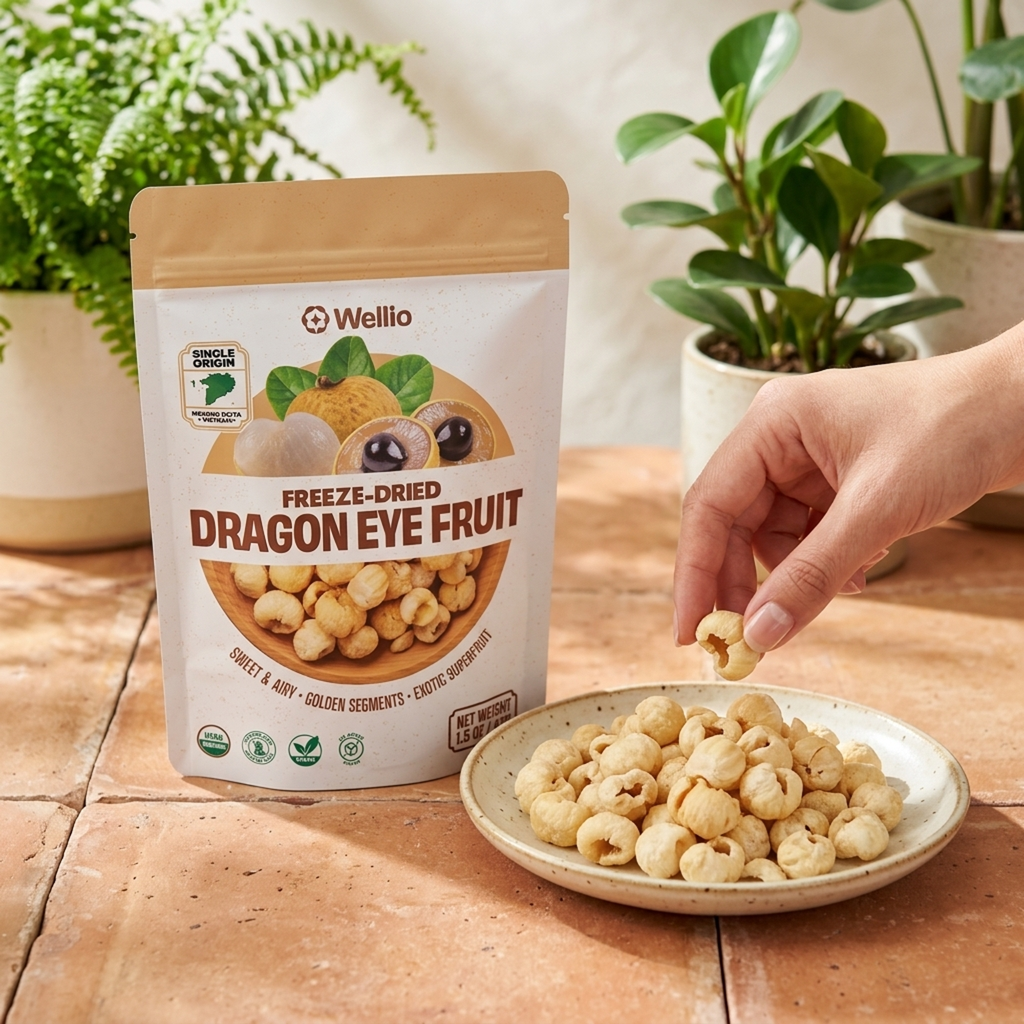 USDA Organic Freeze-Dried Longan (Dragon Eye Fruit) – 100% Natural Single-Origin Mekong Delta Crispy Fruit Snacks, No Added Sugar, Non-GMO, Sulfur-Free, 1.5 oz