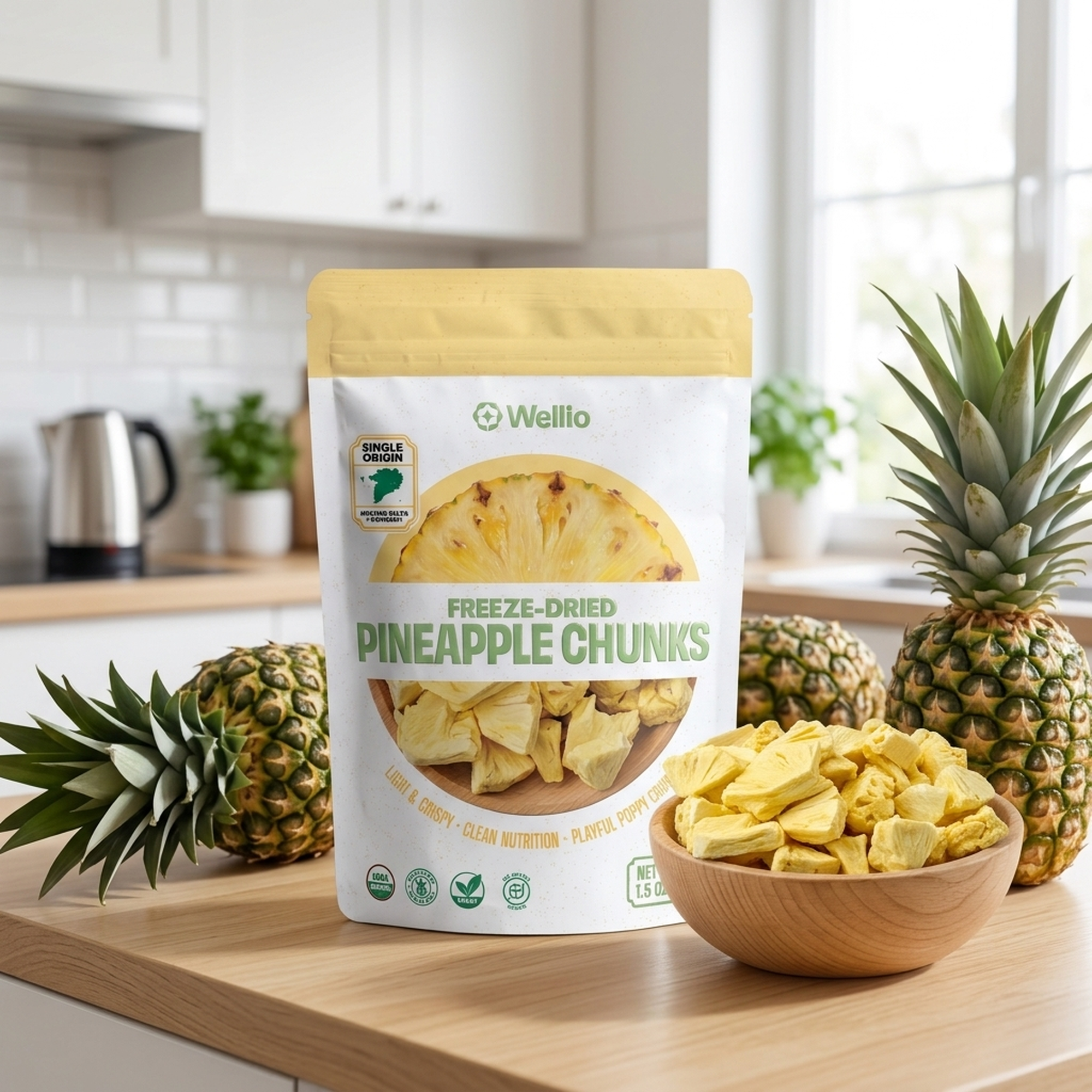 USDA Organic Freeze-Dried Pineapple Chunks – 100% Real Fruit Snacks, Zero Added Sugar, Light & Crispy Clean Nutrition (1.5 oz / 42g)