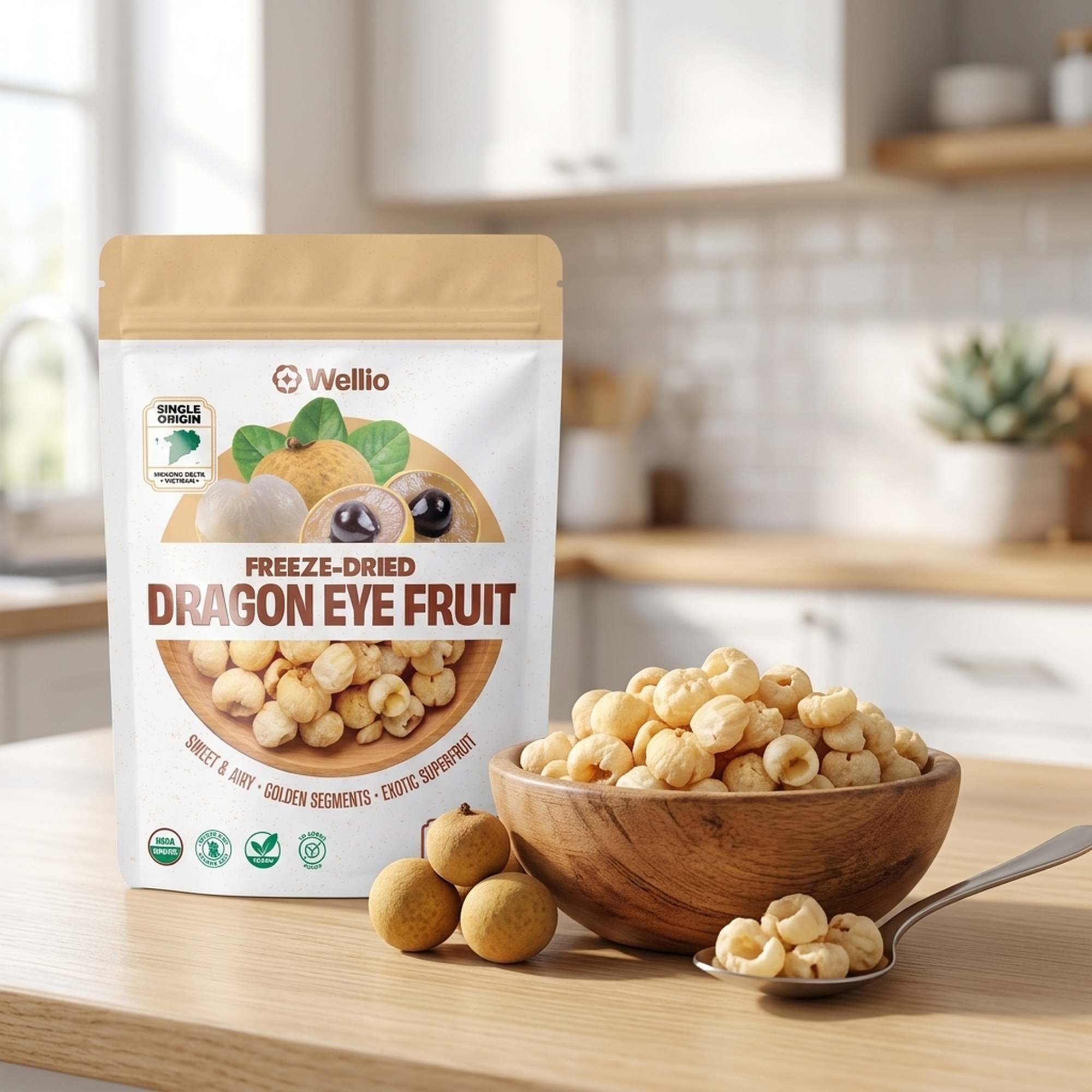 USDA Organic Freeze-Dried Longan (Dragon Eye Fruit) – 100% Natural Single-Origin Mekong Delta Crispy Fruit Snacks, No Added Sugar, Non-GMO, Sulfur-Free, 1.5 oz