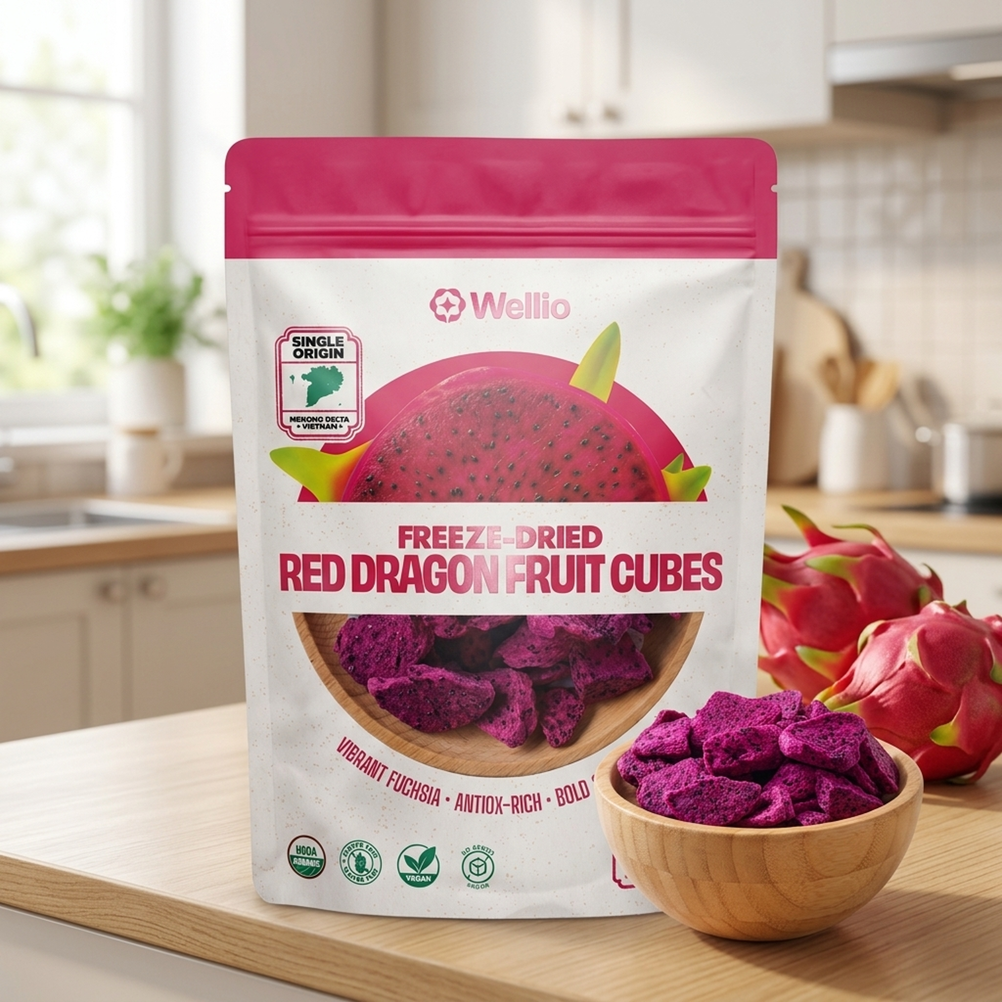 USDA Organic Freeze-Dried Red Dragon Fruit Cubes – 100% Real Fruit Snacks, Zero Added Sugar, Non-GMO, Gluten-Free, Vegan, Rich in Antioxidants – Single Origin Mekong Delta (1.5 oz / 42g)