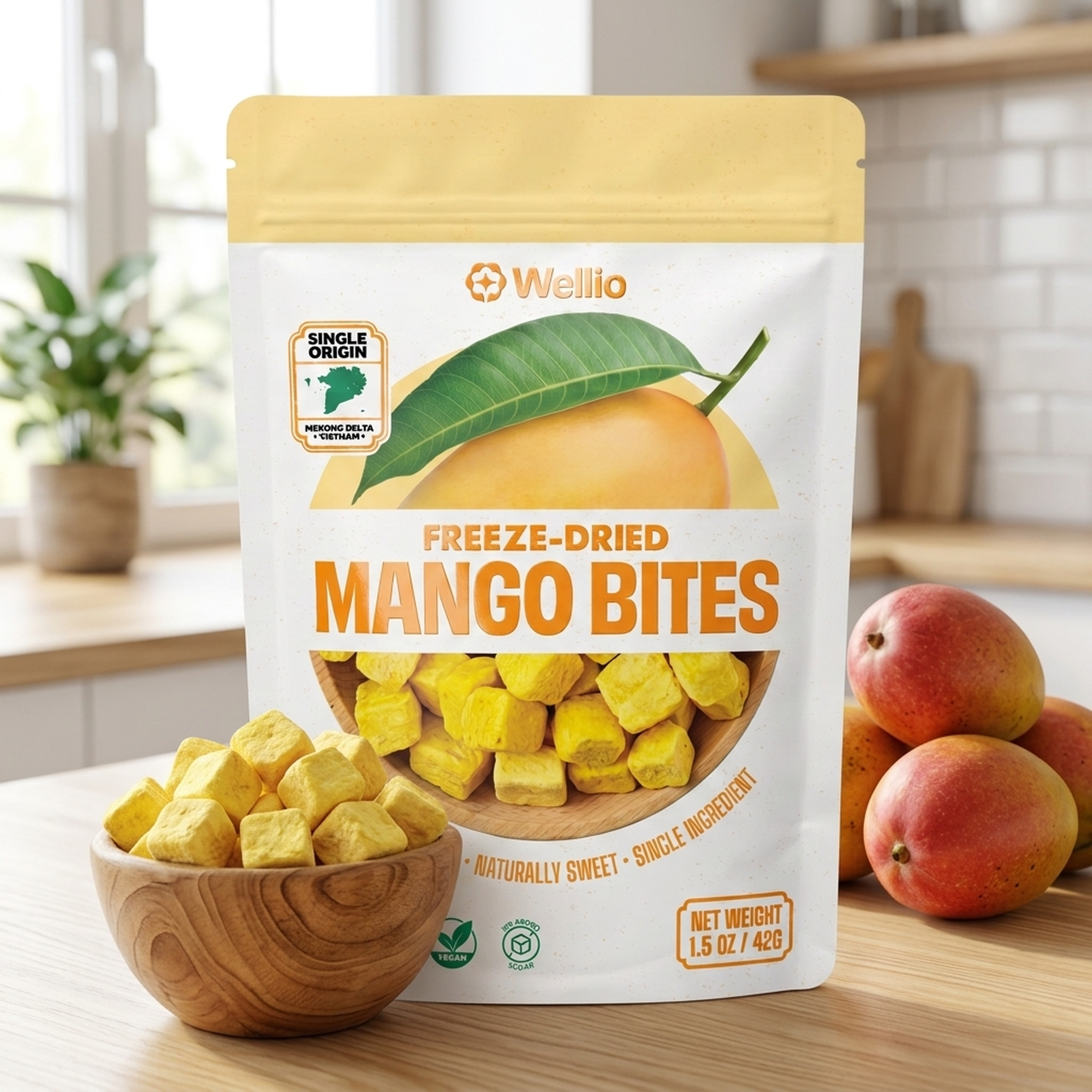 Organic Freeze-Dried Mango Bites – USDA Organic Certified Healthy Fruit Snacks, 100% Real Mango Cubes with No Added Sugar, Non-GMO, Gluten-Free, Vegan, Single Origin (1.5 oz / 42g)