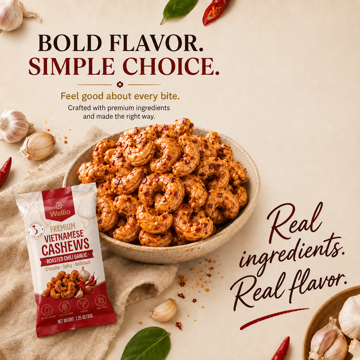 Wellio Roasted Chili Garlic Cashews – Single-Origin Binh Phuoc, Vietnam, Dry-Roasted, Vegan & Gluten-Free (12-Pack, 1.25 oz / 35g Each)
