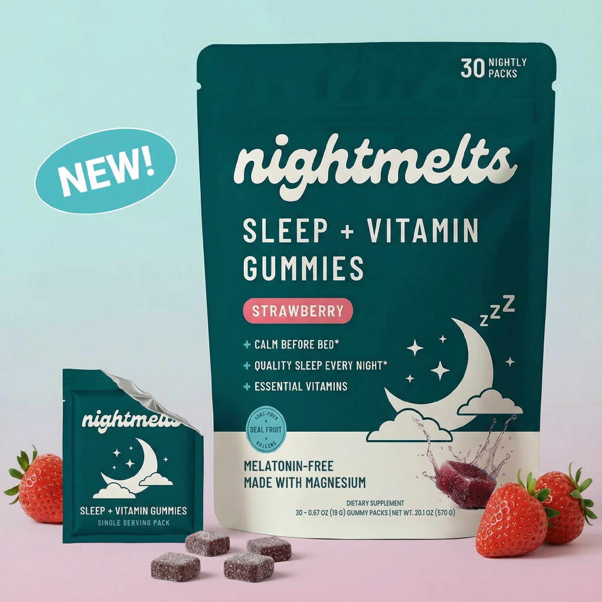 NightMelts Sleep + Vitamin Gummies - Melatonin-Free Magnesium Glycinate with L-Theanine & Tart Cherry - Calm Mind, Quality Sleep & Nightly Recovery - Strawberry, Made in USA