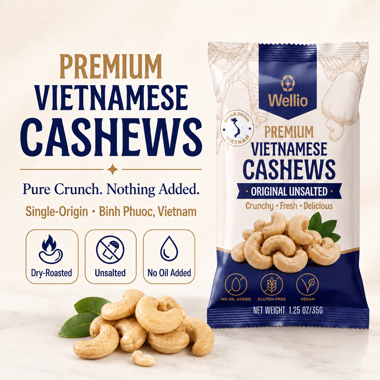 Wellio Original Unsalted Vietnamese Cashews – Dry-Roasted (Box of 12 Single-Serve Pouches, 15 oz Total)
