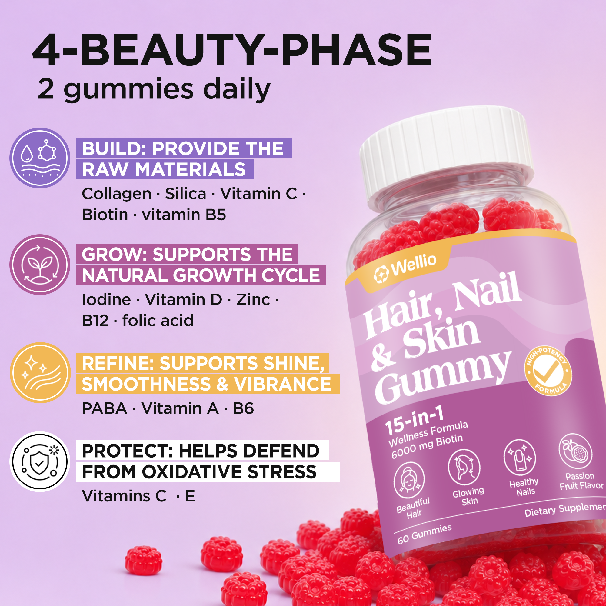 Wellio Hair, Nail & Skin Gummy 15-in-1