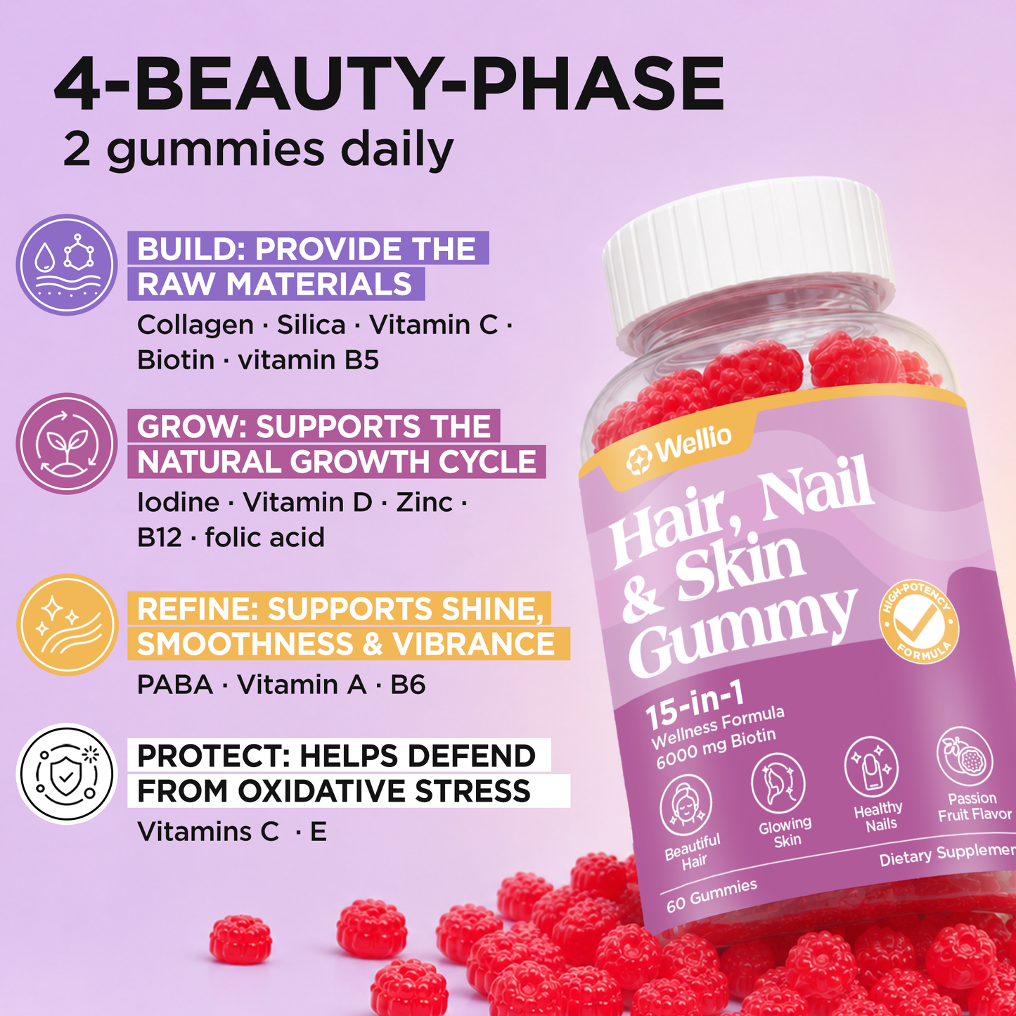 Wellio Hair, Nail & Skin Gummy 15-in-1