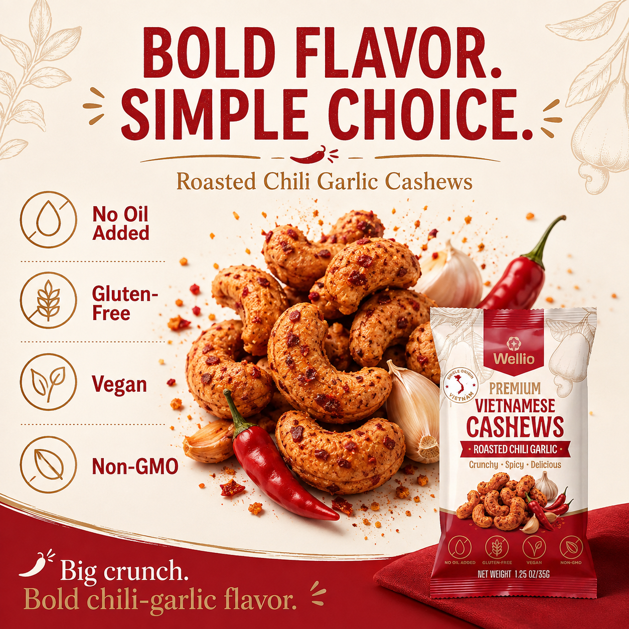 Wellio Roasted Chili Garlic Cashews – Single-Origin Binh Phuoc, Vietnam, Dry-Roasted, Vegan & Gluten-Free (12-Pack, 1.25 oz / 35g Each)