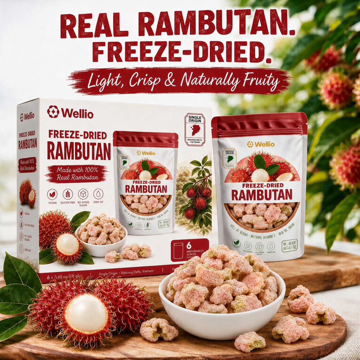 Wellio Freeze-Dried Rambutan Snacks – 100% Real Single-Origin Tropical Fruit, No Added Sugar, Vegan & Gluten-Free (6 Individual Pouches, 3.9 oz)