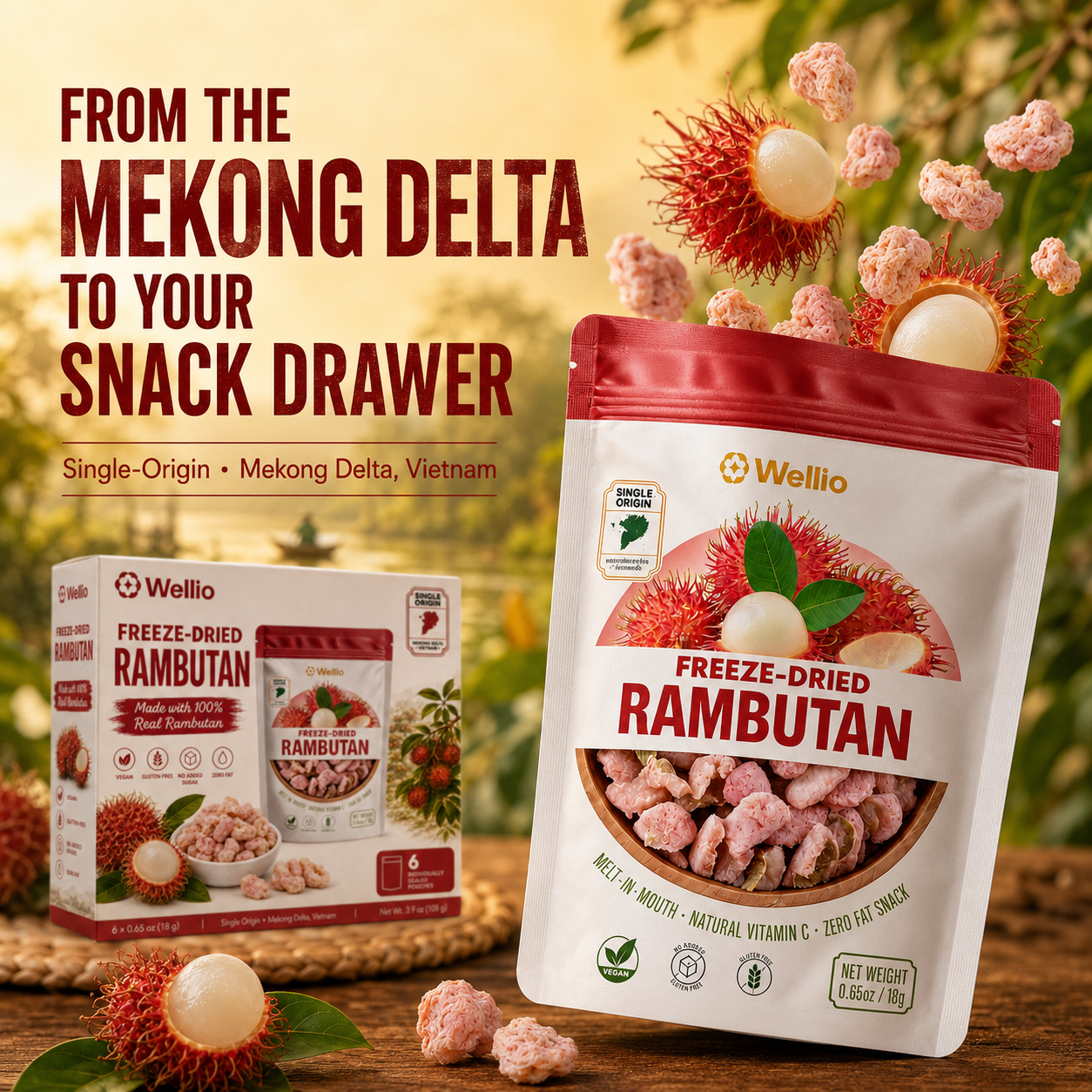 Wellio Freeze-Dried Rambutan Snacks – 100% Real Single-Origin Tropical Fruit, No Added Sugar, Vegan & Gluten-Free (6 Individual Pouches, 3.9 oz)