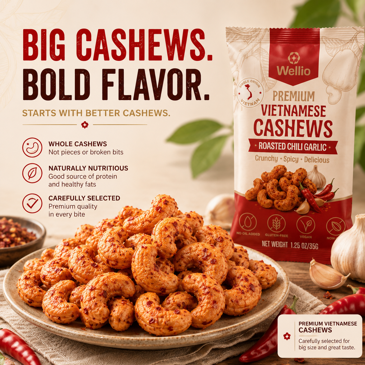 Wellio Roasted Chili Garlic Cashews – Single-Origin Binh Phuoc, Vietnam, Dry-Roasted, Vegan & Gluten-Free (12-Pack, 1.25 oz / 35g Each)