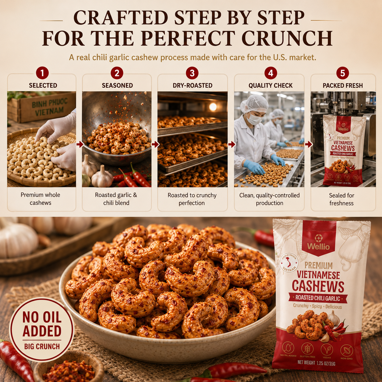 Wellio Roasted Chili Garlic Cashews – Single-Origin Binh Phuoc, Vietnam, Dry-Roasted, Vegan & Gluten-Free (12-Pack, 1.25 oz / 35g Each)