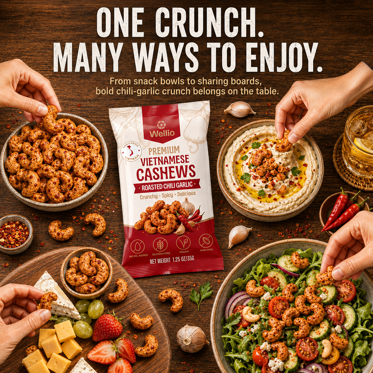 Wellio Roasted Chili Garlic Cashews – Single-Origin Binh Phuoc, Vietnam, Dry-Roasted, Vegan & Gluten-Free (12-Pack, 1.25 oz / 35g Each)