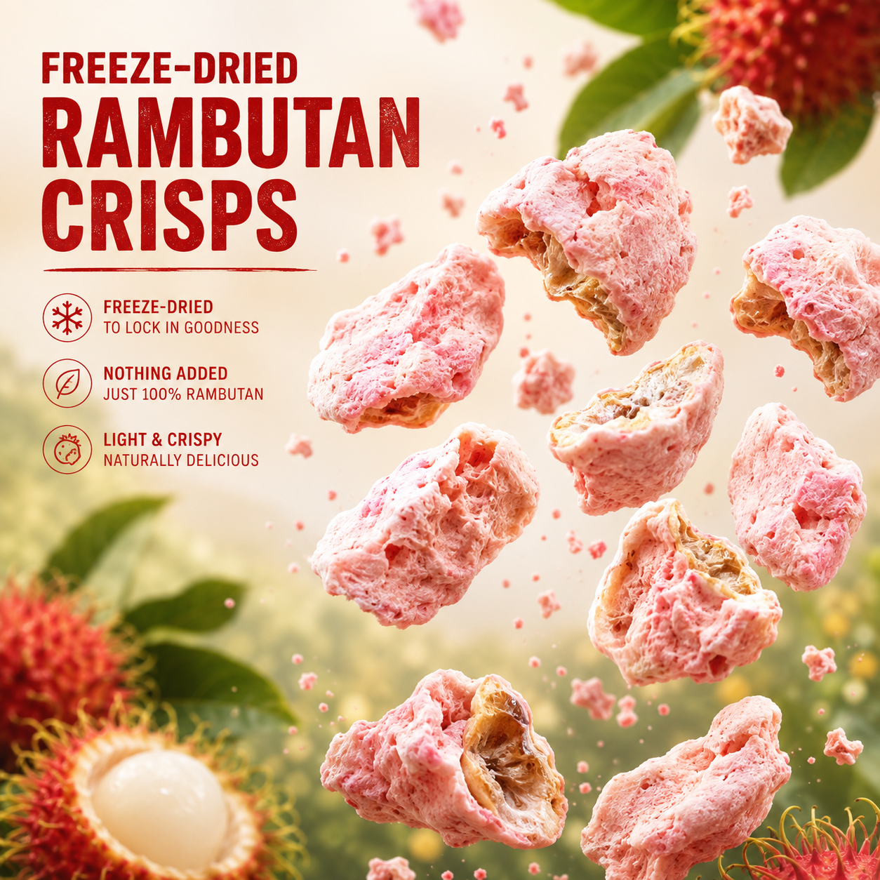 Wellio Freeze-Dried Rambutan Snacks – 100% Real Single-Origin Tropical Fruit, No Added Sugar, Vegan & Gluten-Free (6 Individual Pouches, 3.9 oz)