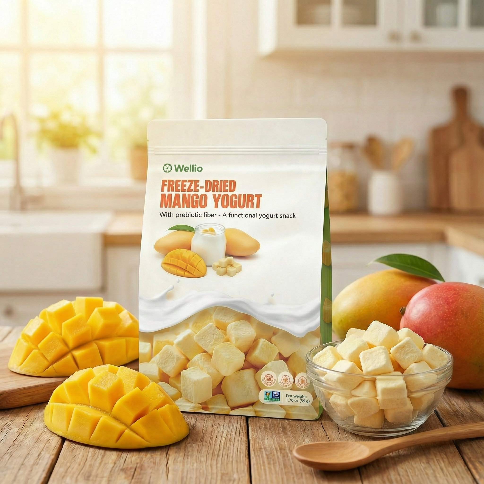 Freeze-Dried Mango Yogurt Bites – Crunchy No-Added-Sugar Dessert Snack with Prebiotic Fiber