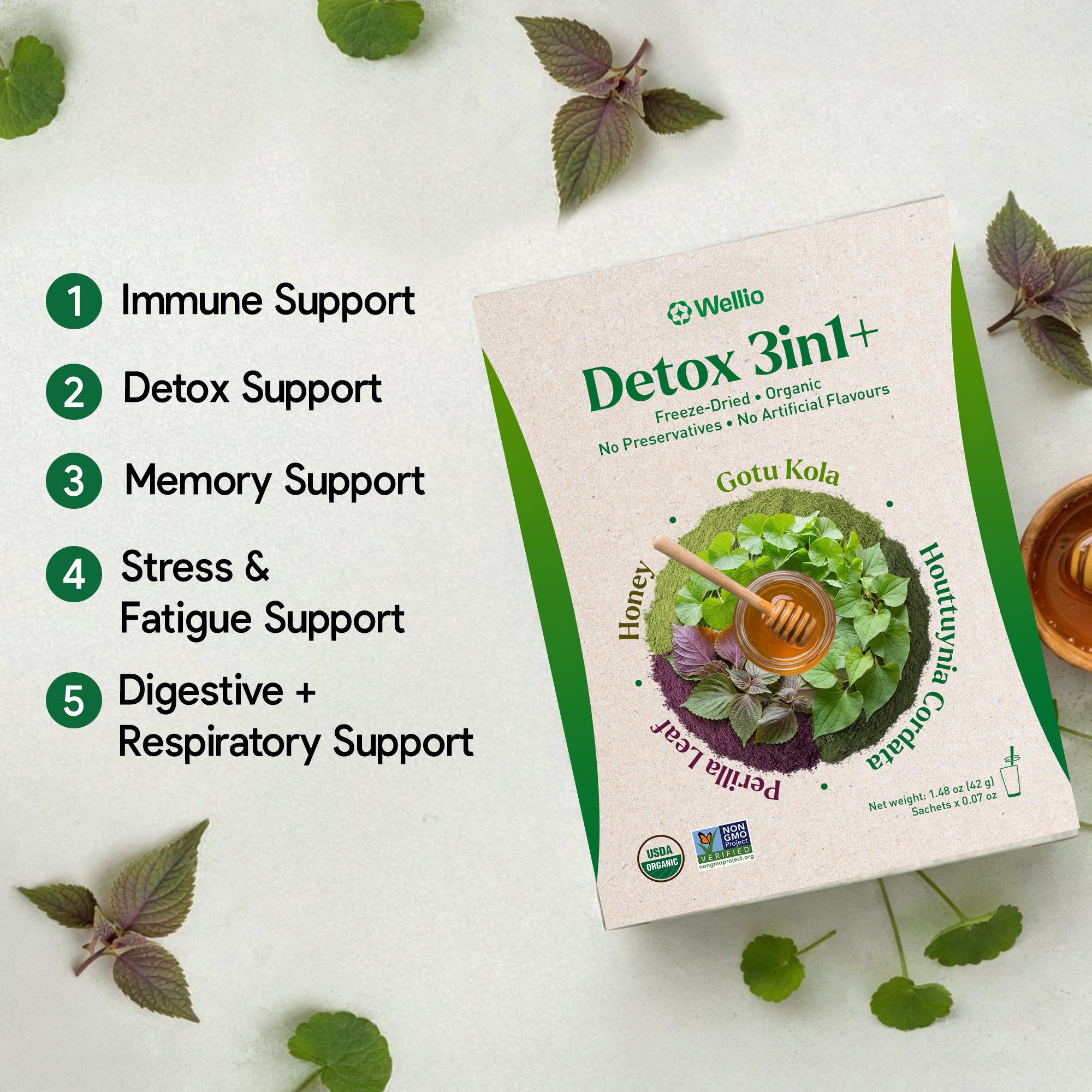 Organic Green Detox 3-in-1+ Powder Sticks | Freeze-Dried Vietnamese Superfoods with Honey