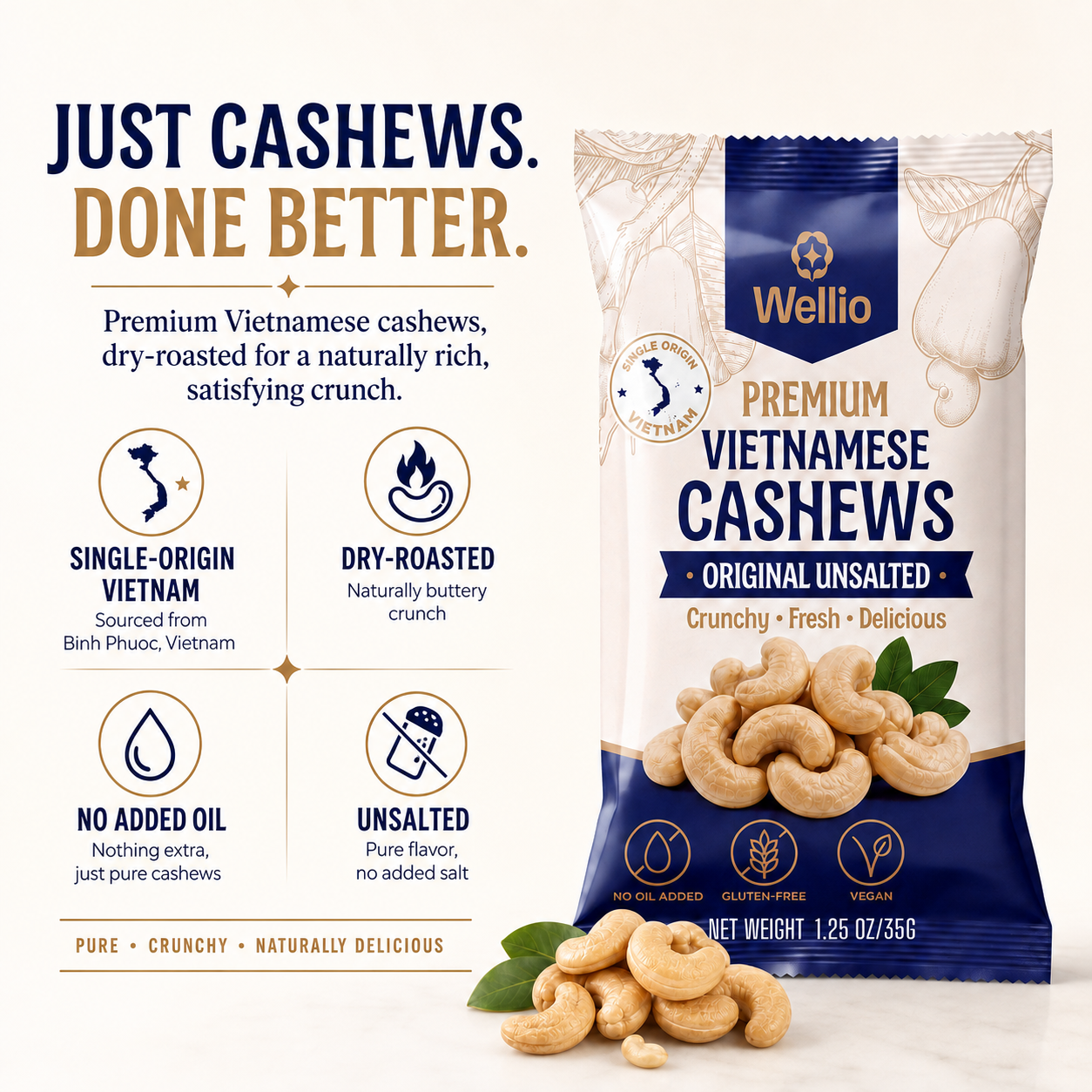 Wellio Original Unsalted Vietnamese Cashews – Dry-Roasted (Box of 12 Single-Serve Pouches, 15 oz Total)