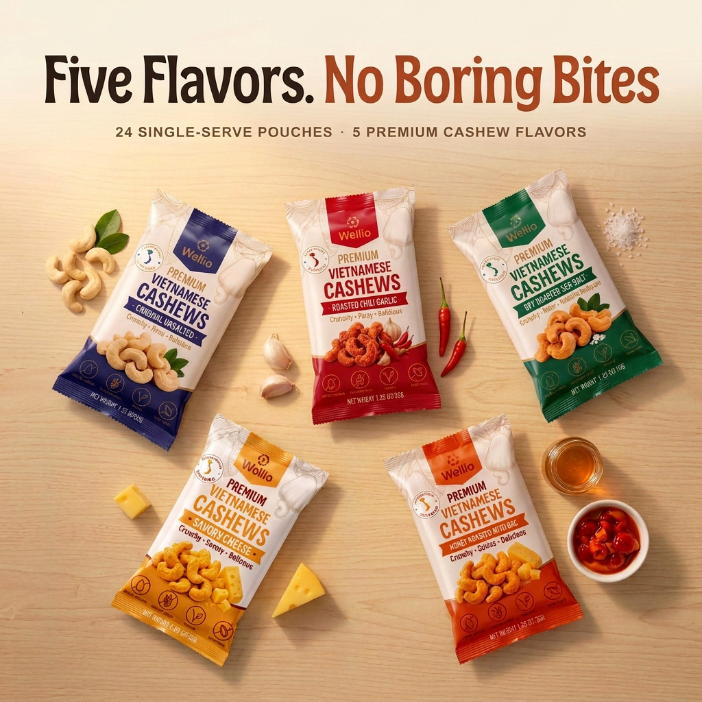 Wellio Premium Vietnamese Cashews - Variety Box (24 Individual Pouches, 1.25oz (35g)/each Pouch) – 5 Gourmet Roasted Flavors: Savory Cheese, Chili Garlic, Lightly Sea Salt, Honey With Gac & Original Unsalted –  Gluten-Free Healthy Snack Box