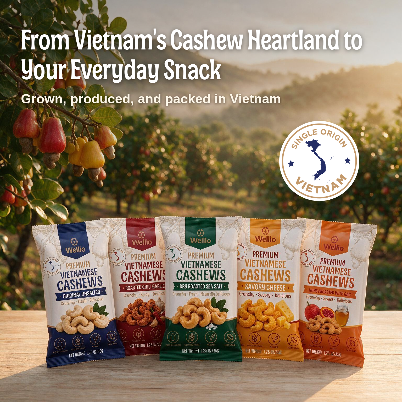 Wellio Premium Vietnamese Cashews - Variety Box (24 Individual Pouches, 1.25oz (35g)/each Pouch) – 5 Gourmet Roasted Flavors: Savory Cheese, Chili Garlic, Lightly Sea Salt, Honey With Gac & Original Unsalted –  Gluten-Free Healthy Snack Box