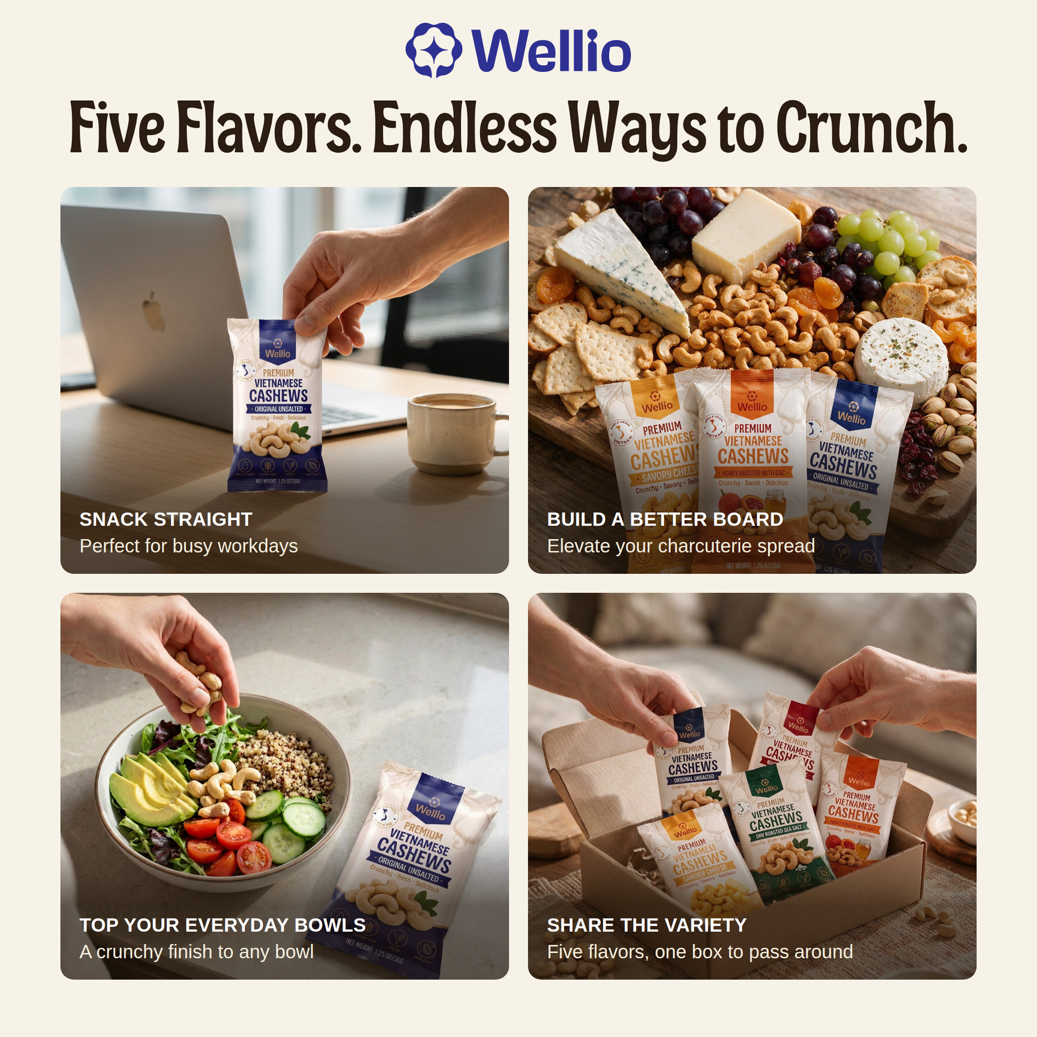 Wellio Premium Vietnamese Cashews - Variety Box (24 Individual Pouches, 1.25oz (35g)/each Pouch) – 5 Gourmet Roasted Flavors: Savory Cheese, Chili Garlic, Lightly Sea Salt, Honey With Gac & Original Unsalted –  Gluten-Free Healthy Snack Box