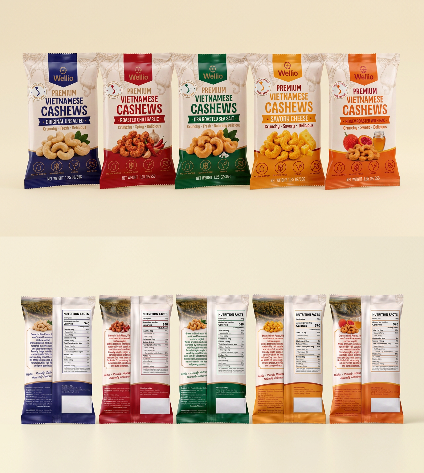 Wellio Premium Vietnamese Cashews - Variety Box (24 Individual Pouches, 1.25oz (35g)/each Pouch) – 5 Gourmet Roasted Flavors: Savory Cheese, Chili Garlic, Lightly Sea Salt, Honey With Gac & Original Unsalted –  Gluten-Free Healthy Snack Box