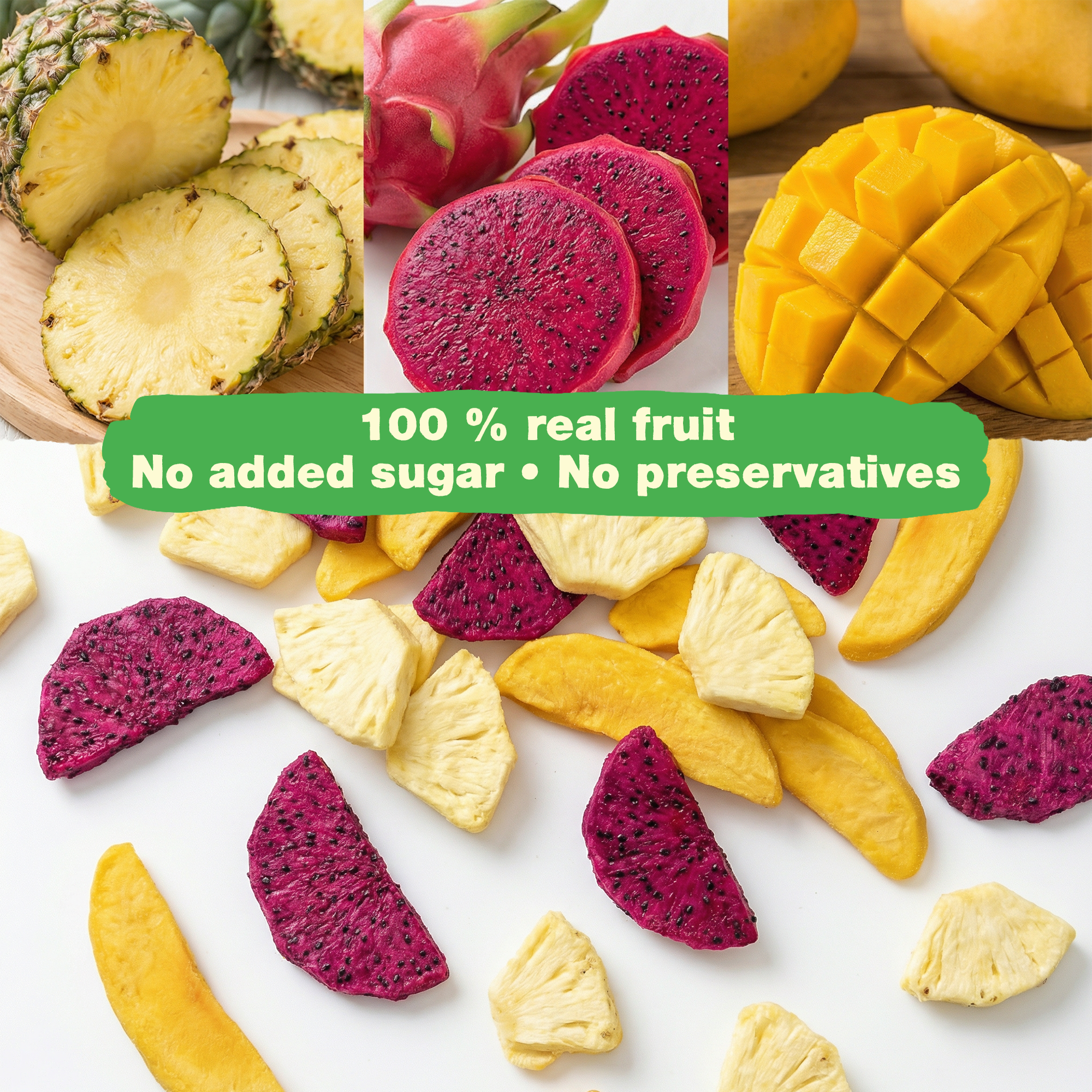 Tropical Mix: Freeze-Dried Mango, Pineapple & Red Dragon Fruit – 100% Natural Fruit Snack