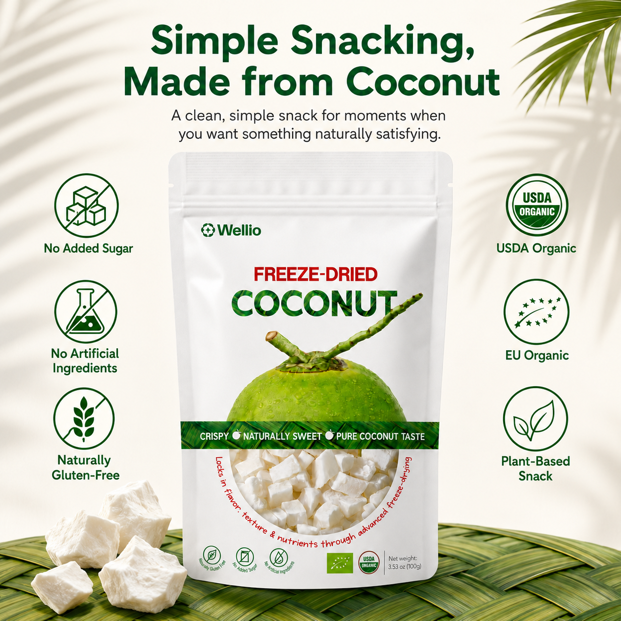 Premium Freeze-Dried Coconut – 100% Pure, No Added Sugar, USDA Organic, Organic EU (3.53 oz)