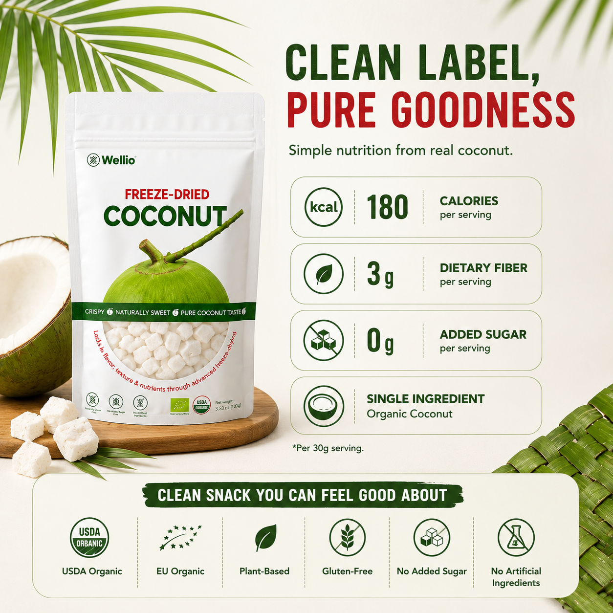 Premium Freeze-Dried Coconut – 100% Pure, No Added Sugar, USDA Organic, Organic EU (3.53 oz)