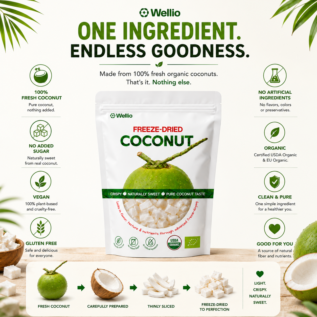 Premium Freeze-Dried Coconut – 100% Pure, No Added Sugar, USDA Organic, Organic EU (7.06 oz)