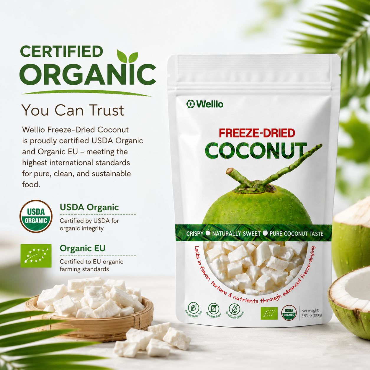 Premium Freeze-Dried Coconut – 100% Pure, No Added Sugar, USDA Organic, Organic EU (3.53 oz)